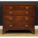 A George III oak chest, rectangular top with moulded edge above two short and three long drawers,