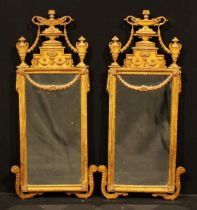 A pair of Louis XVI Revival giltwood and gesso pier glasses, rectangular mirror plates, the frames