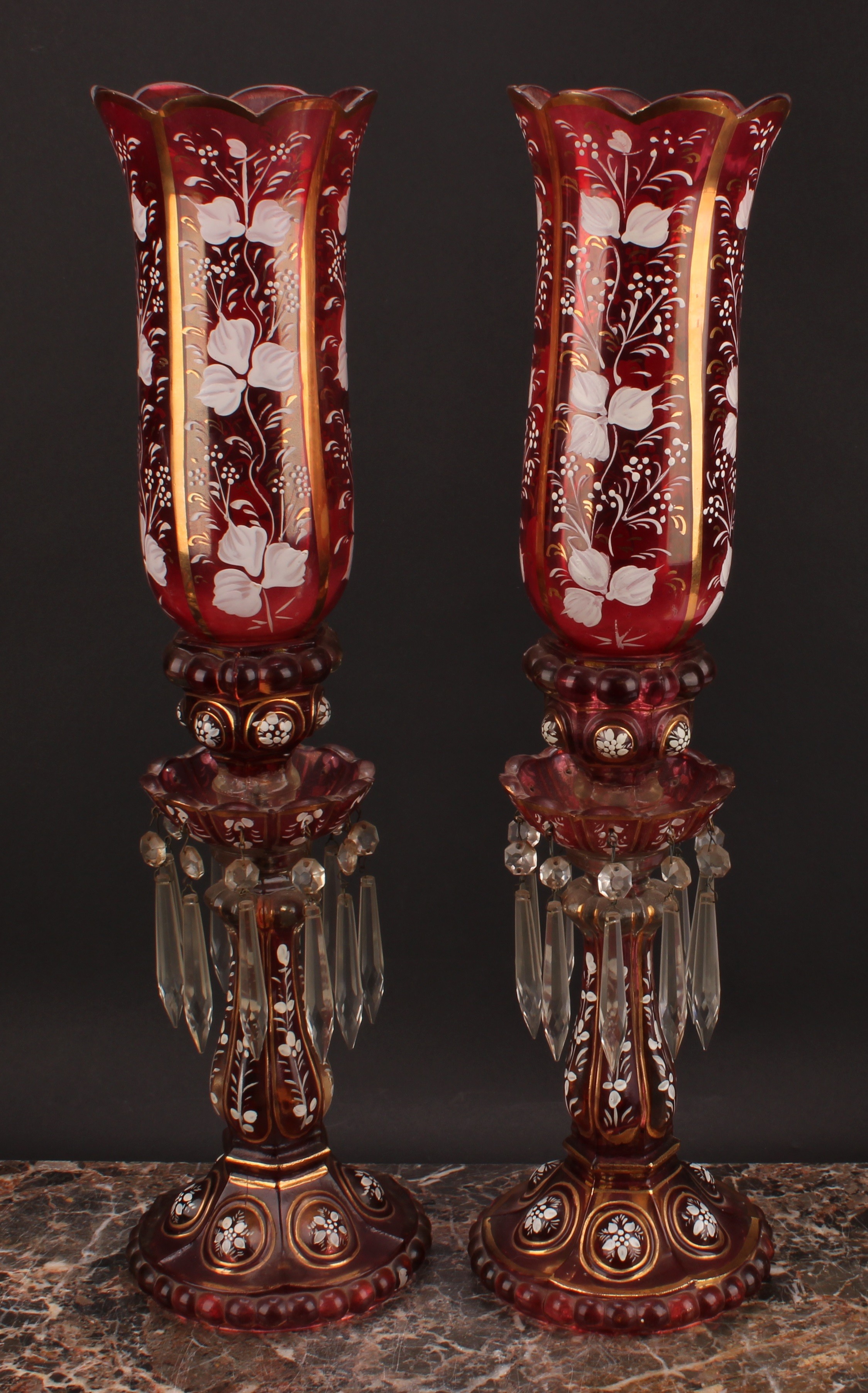 A pair of Bohemian cranberry flashed glass storm lantern candle lustres, decorated in opaque - Image 2 of 3