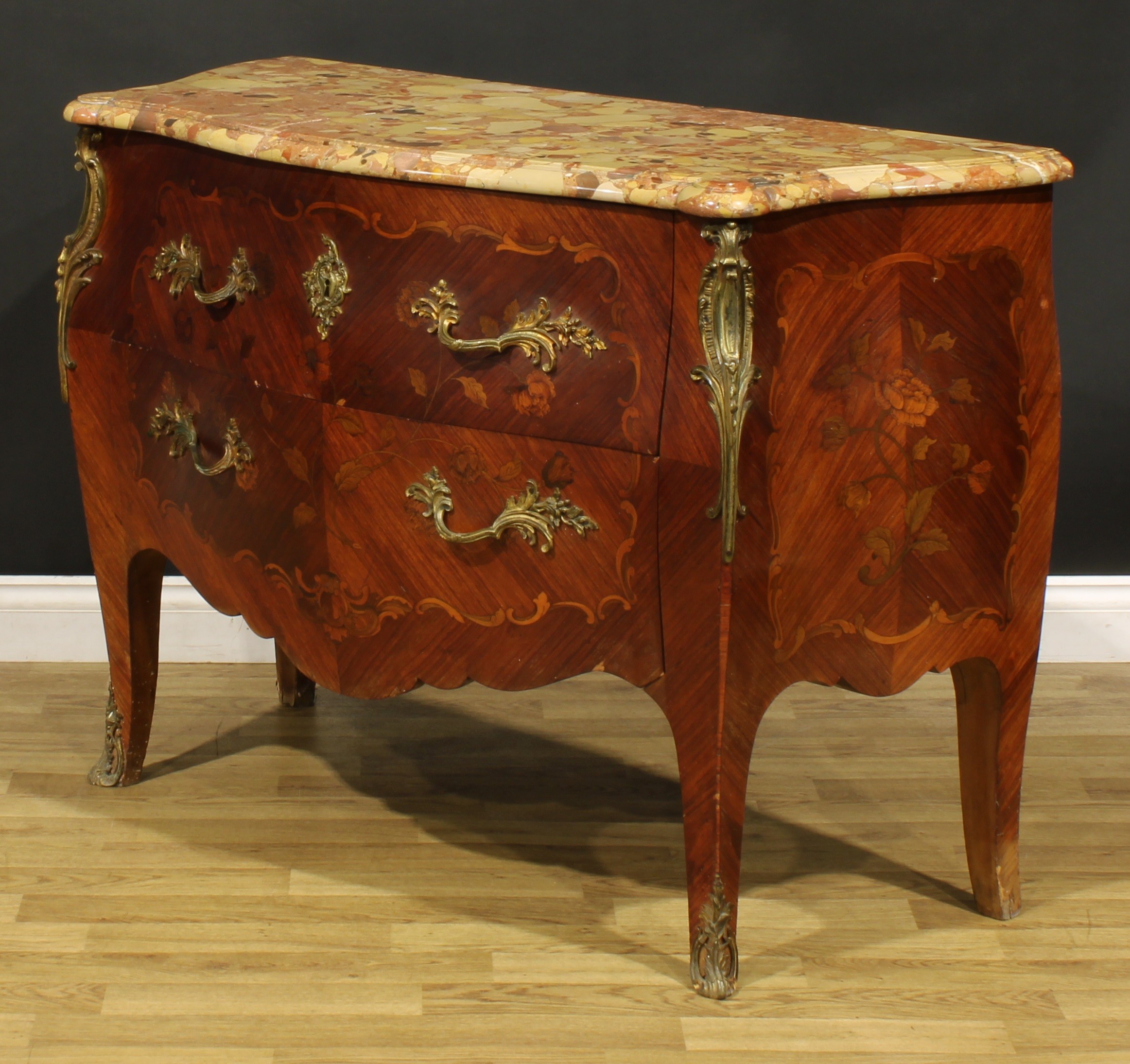 A Louis XV Revival gilt metal mounted kingwood and marquetry bombe commode, marble top above two - Image 4 of 5