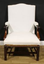 A George III style mahogany Gainsborough armchair, scroll hand rests, square forelegs carved with