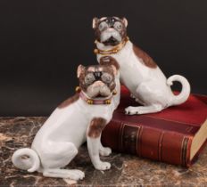 A pair of Dresden pug dogs, collars in pink and gold with bells, 23cm, printed marks in blue,