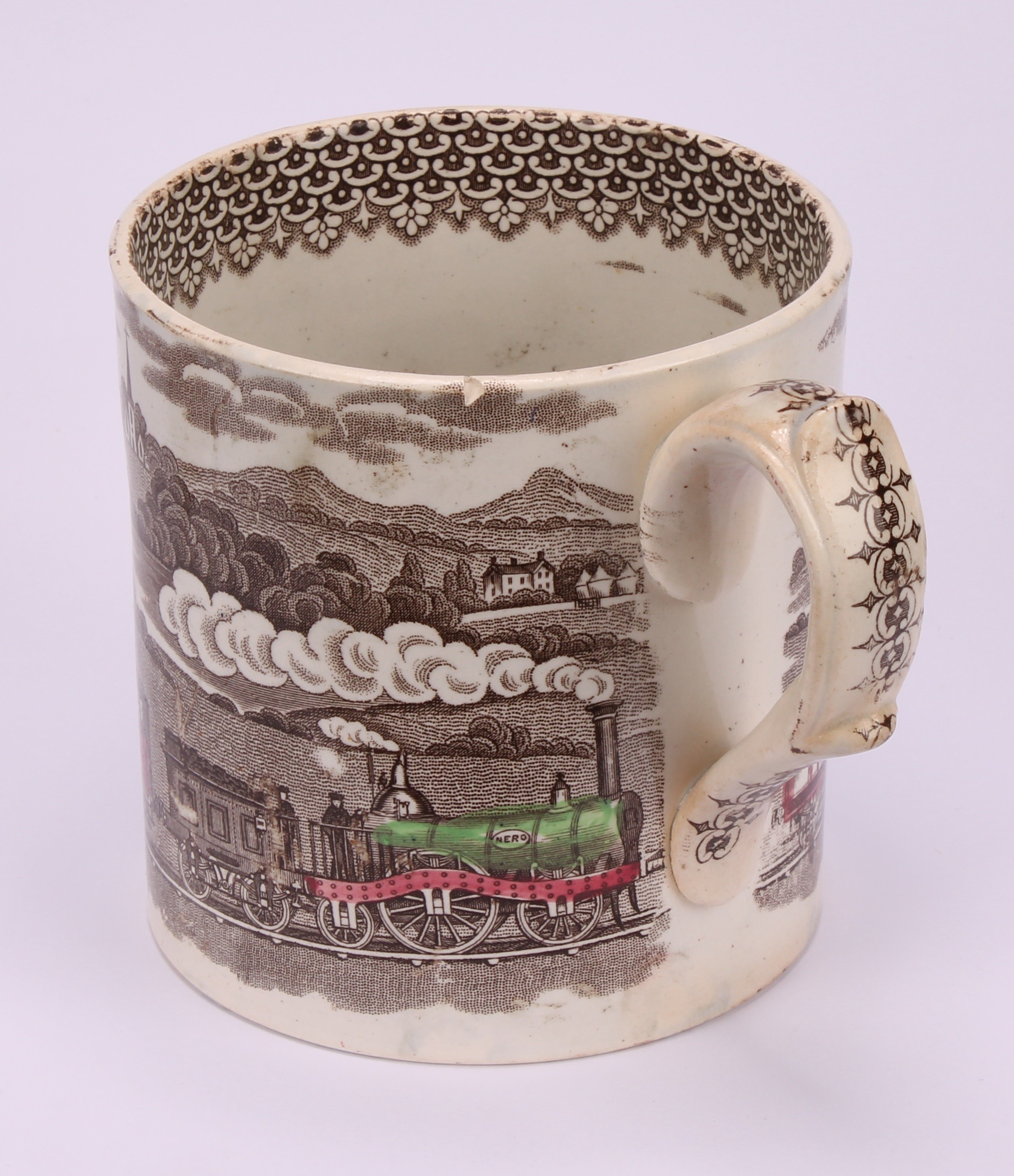 Railway Interest - steam locomotives, a 19th century Staffordshire pearlware mug, printed in sepia - Image 4 of 10