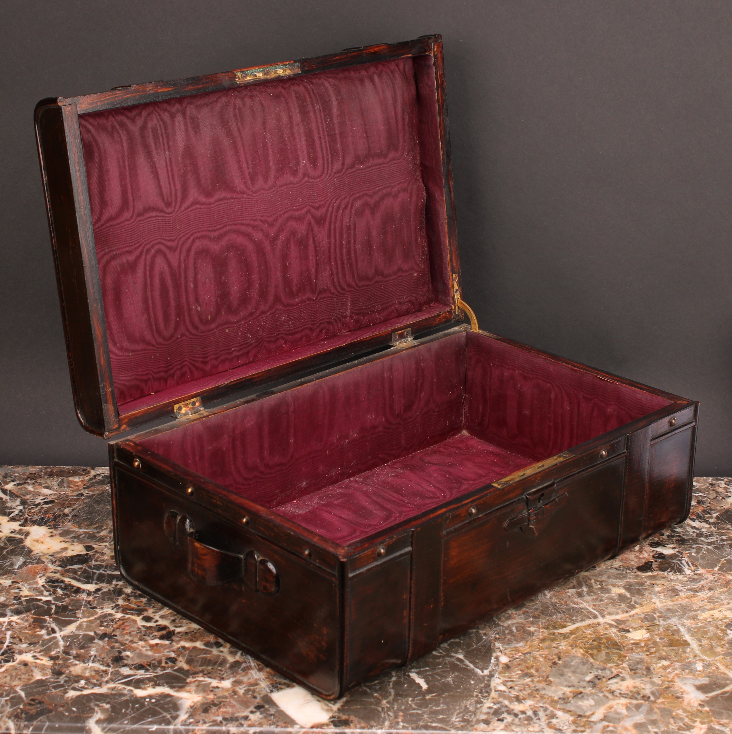 An unusual stained beechwood rectangular desk box, carved as a leather bound coaching trunk, the - Image 4 of 4