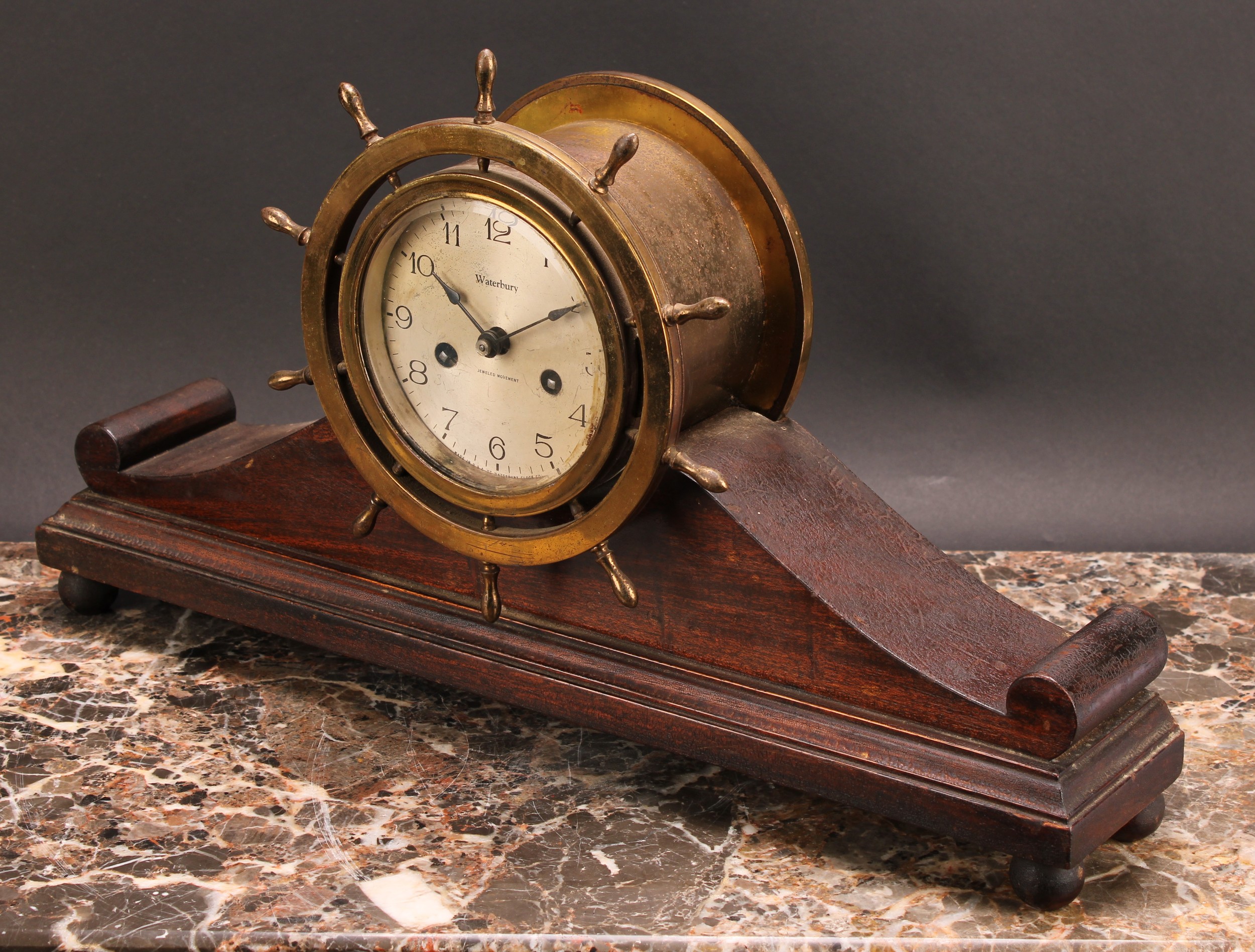 An early 20th century brass and mahogany ship’s wheel mantel clock, 10.5cm silvered dial inscribed - Image 3 of 4