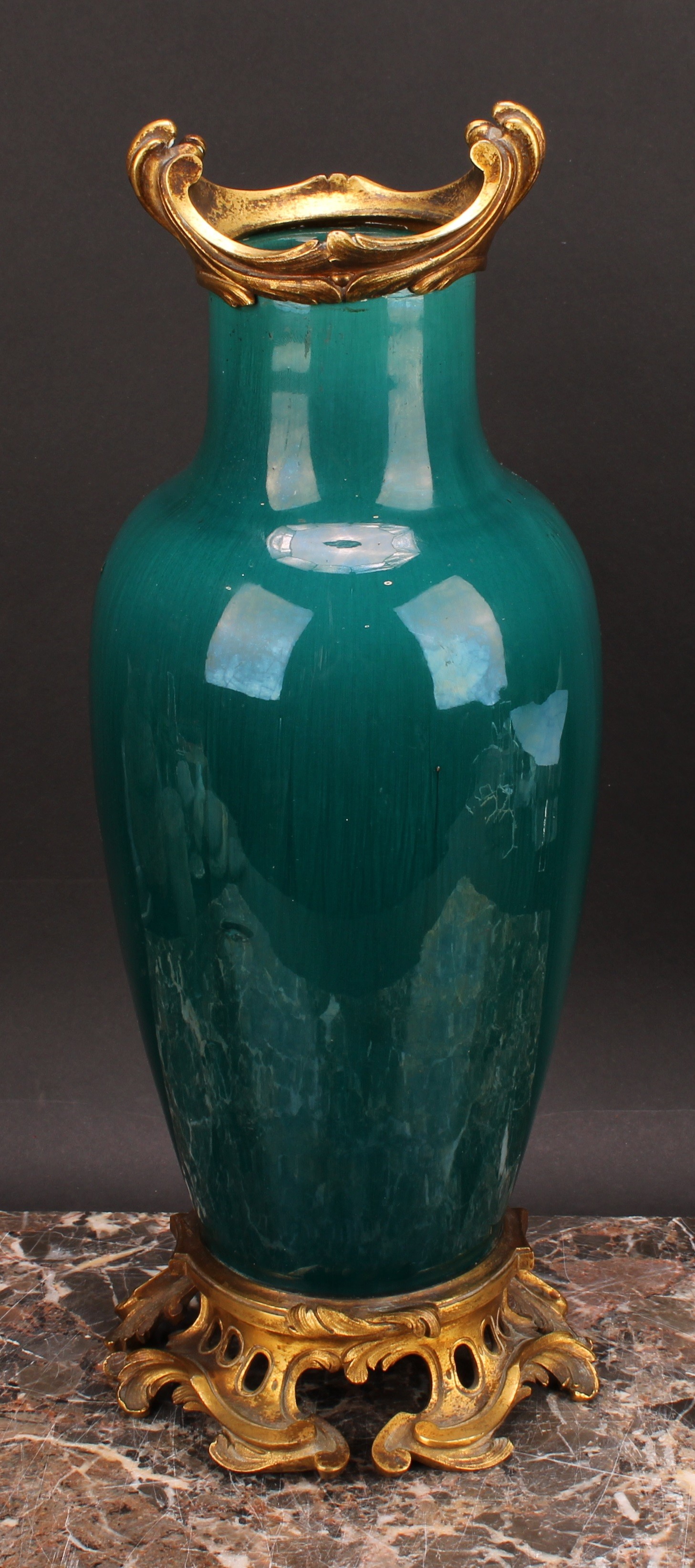 An early 20th century ormolu mounted monochrome vase, glazed in streaked tones of mottled turquoise, - Image 2 of 3