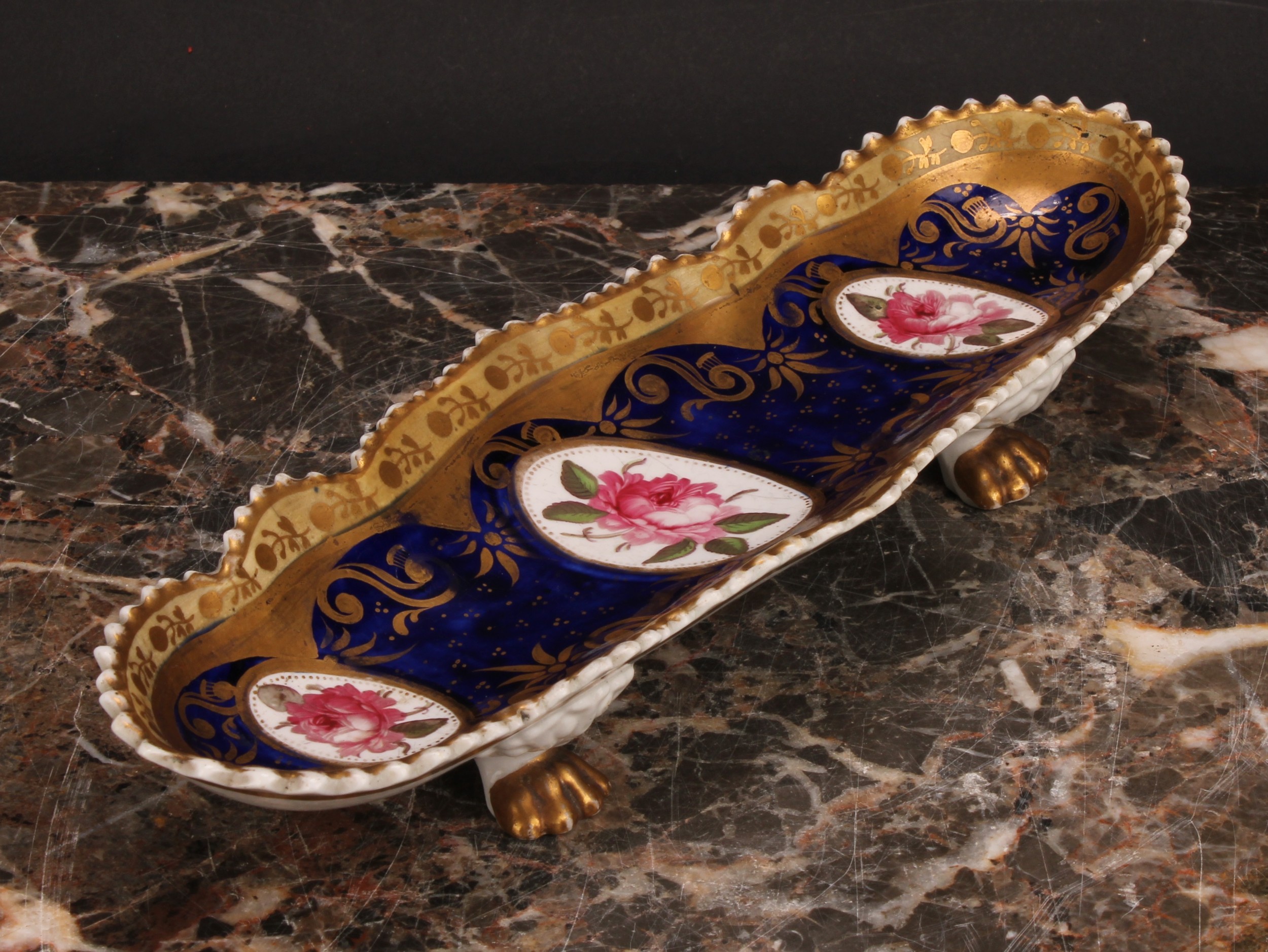 An English porcelain shaped oval pen tray, the field with three oval reserves painted with pink - Image 3 of 4