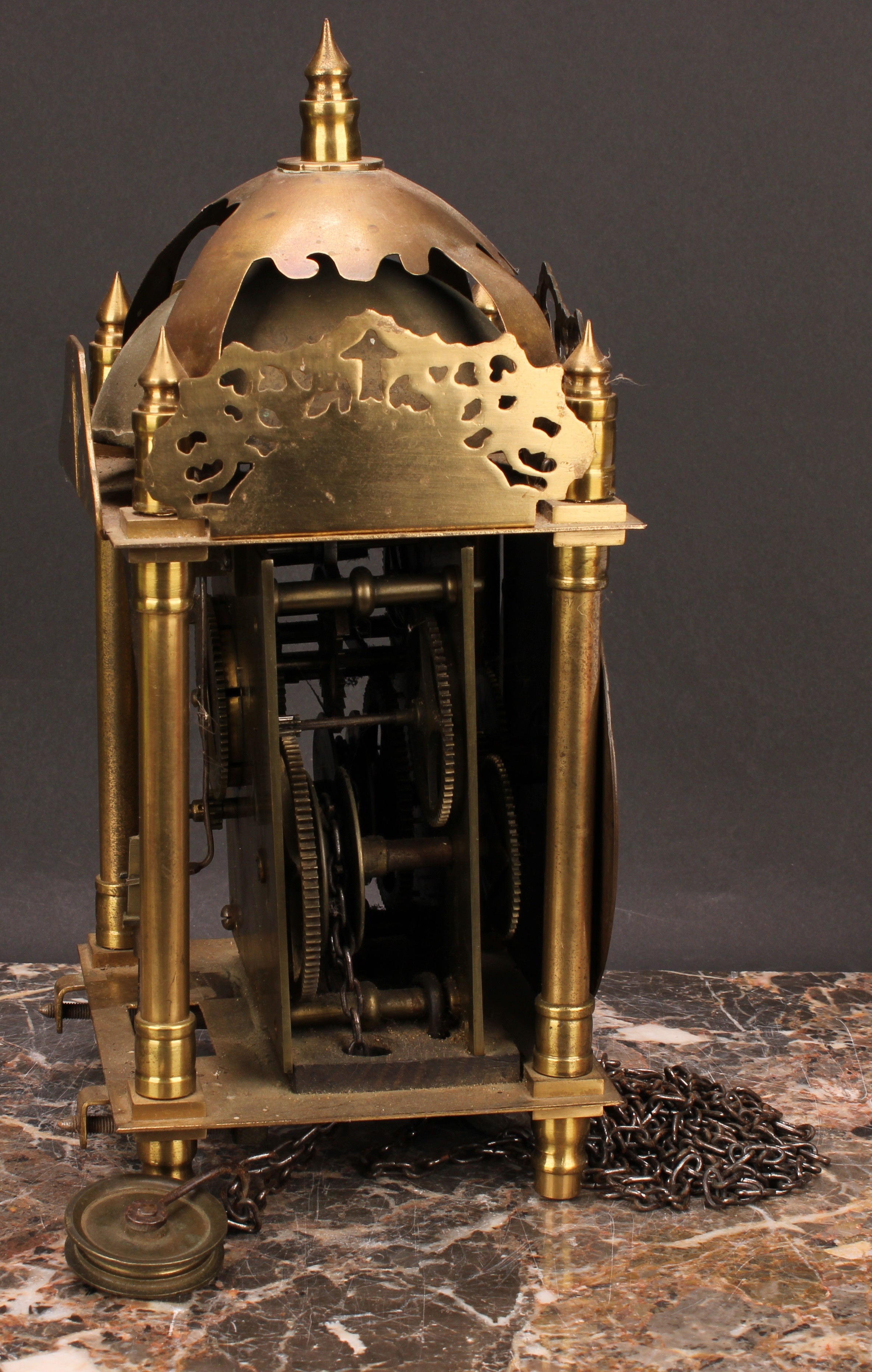 A 17th century style brass lantern timepiece, 14.5cm clock dial inscribed with Roman numerals, eight - Image 2 of 3