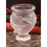 A Lalique 'Rosine' ovoid pedestal vase, of wrythen form, relief decorated with two birds, engraved