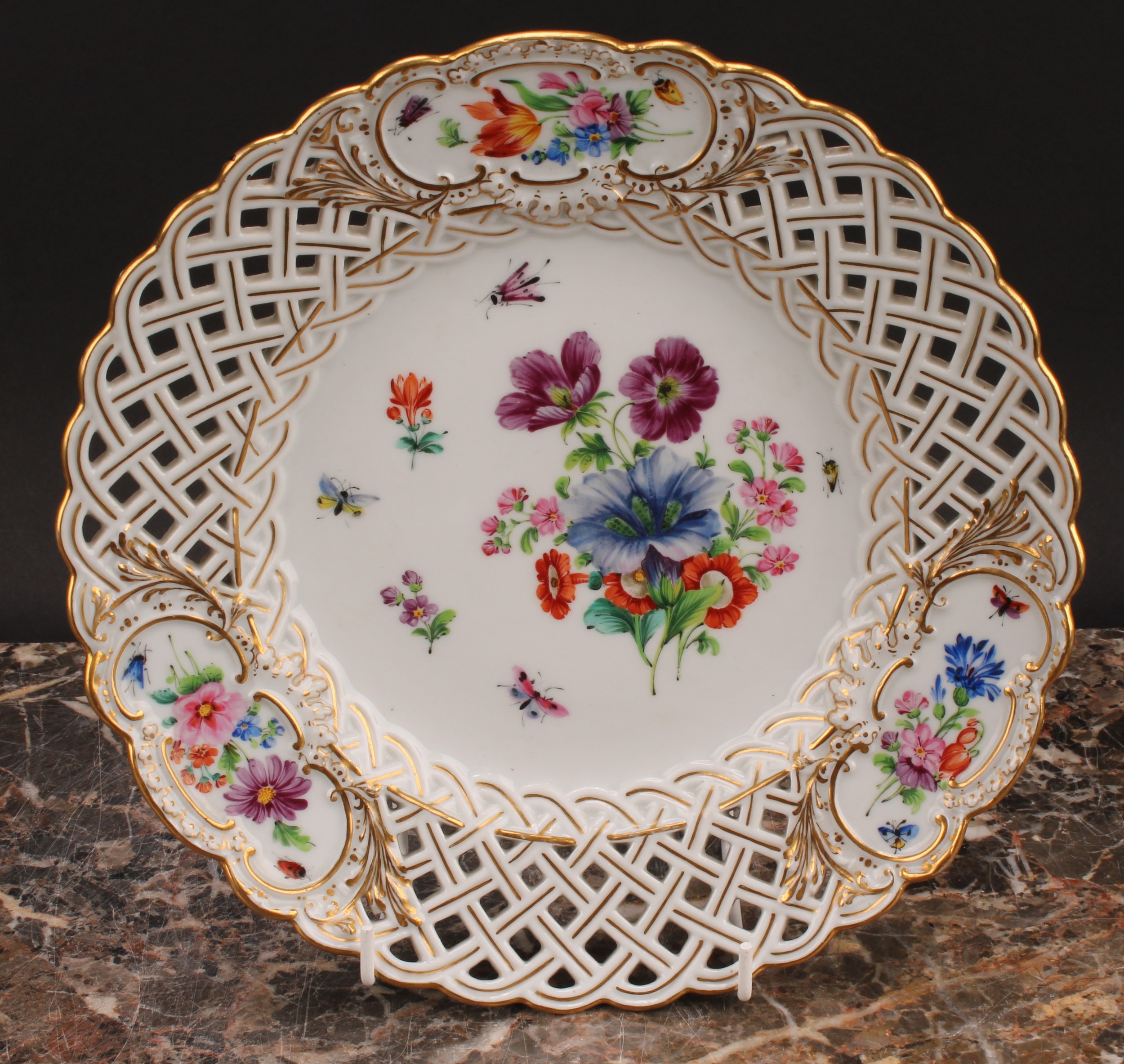 A set of six German porcelain shaped circular plates, decorated with flowers, pierced borders picked - Image 12 of 13