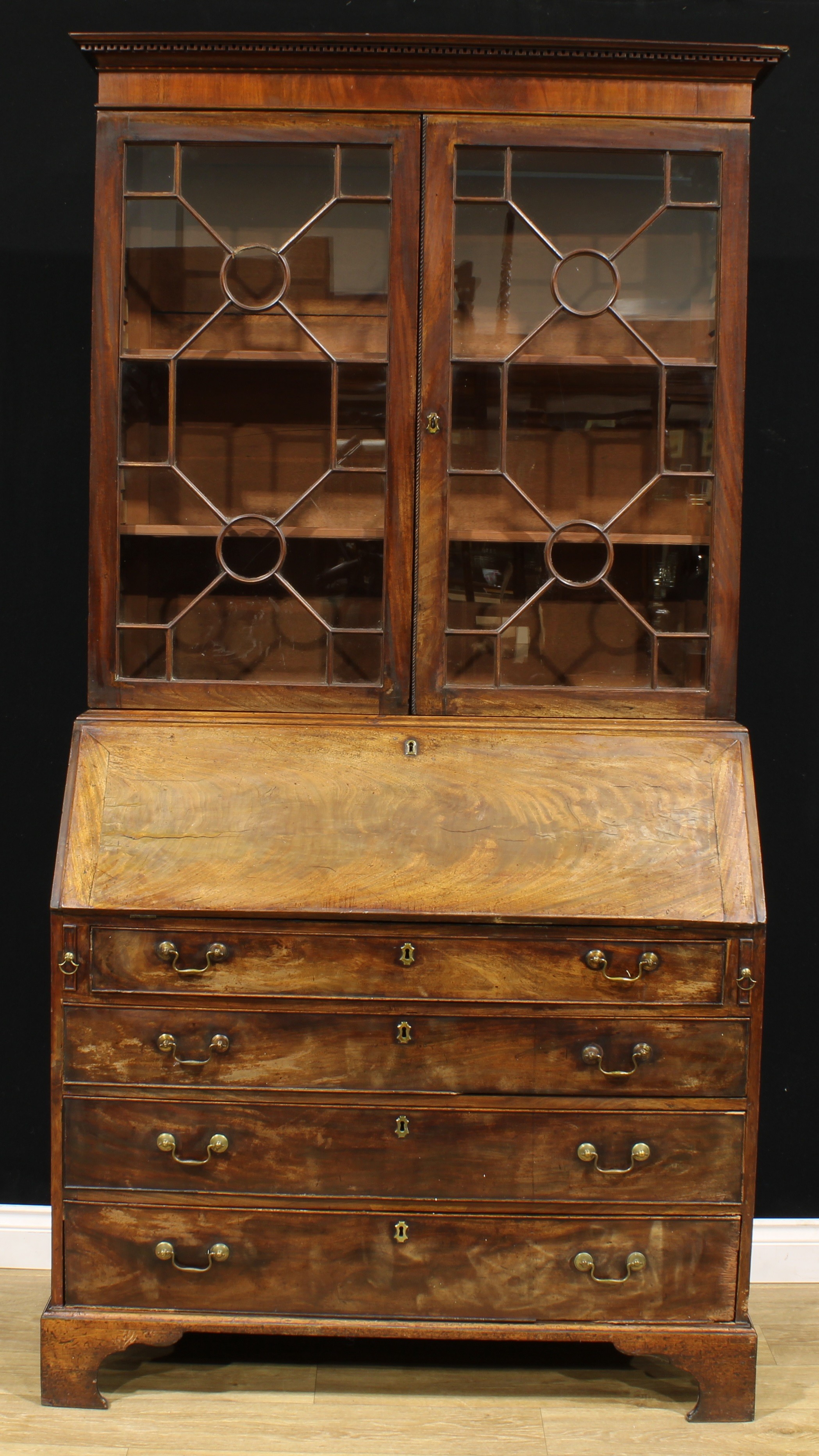 A George III mahogany bureau bookcase, outswept cornice above a pair of astragal glazed doors - Image 3 of 3