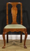 A George I walnut side chair, vasular splat, drop-in seat, cabriole legs, pointed pad feet, 96cm