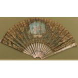 A 19th century French mother of pearl and silk fan, painted with a courting couple, lacking rivet