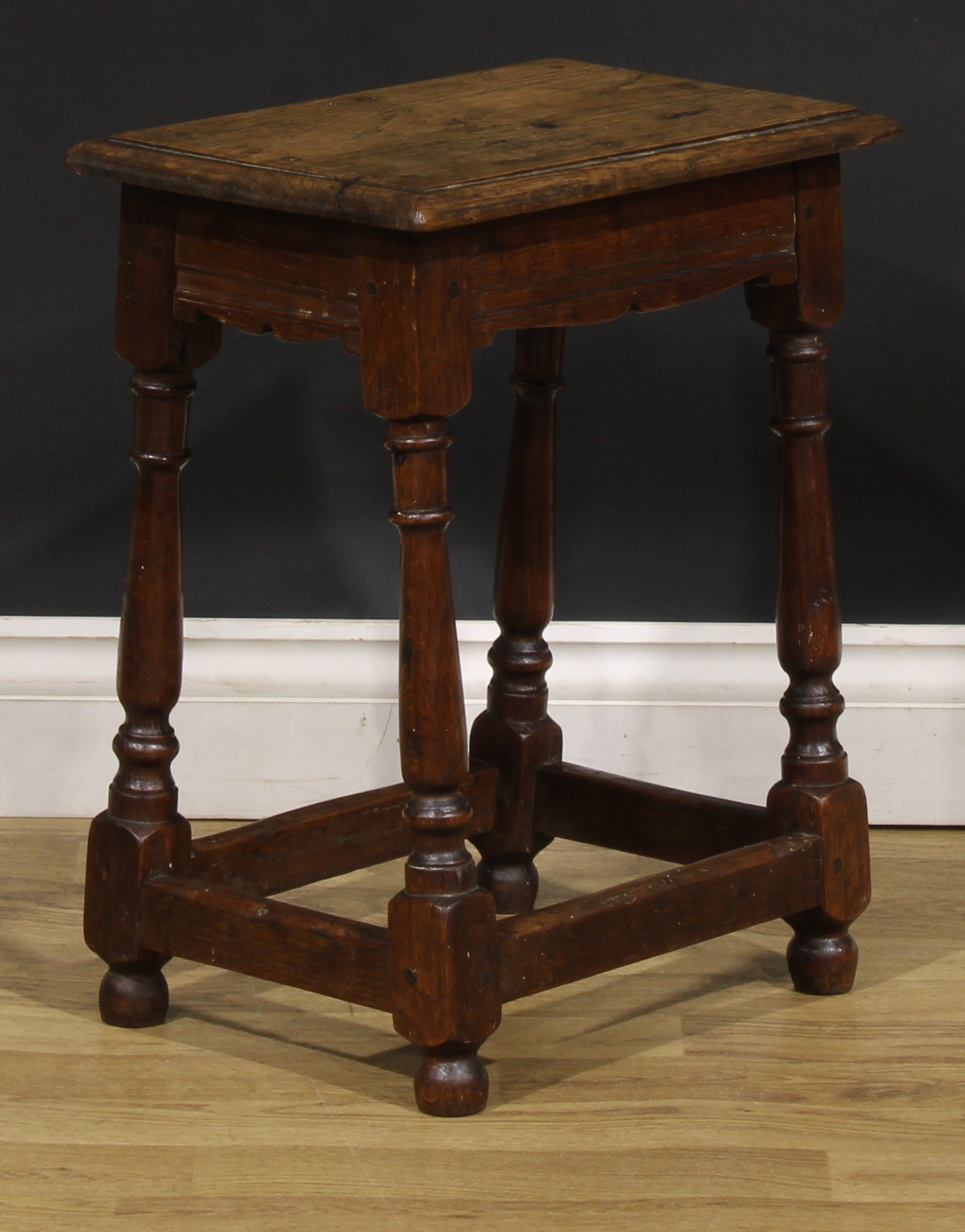 A 19th century oak joint stool, oversailing top above a moulded frieze, turned legs, plain - Image 2 of 4