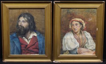 J. Charbonnier (19th century) a pair, Peasant Man and Woman, signed, one dated 1881, watercolours,