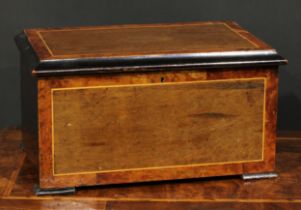 A 19th century Swiss parcel-ebonised amboyna banded bells-in-sight music box, 15.5cm cylinder