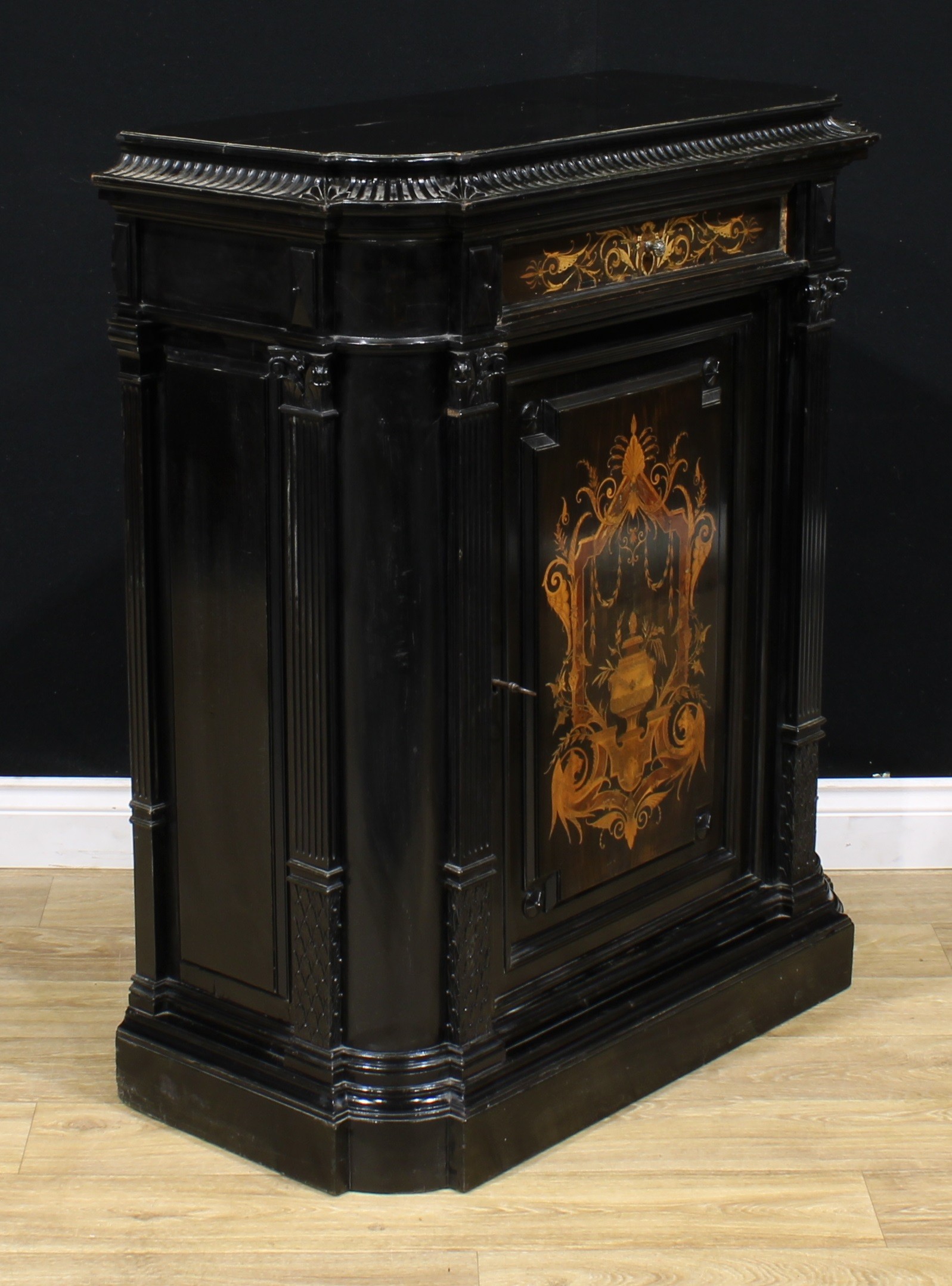 A pair of 19th century Continental ebonised and marquetry pier cabinets, each with a concave moulded - Image 4 of 12