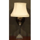 An Edwardian E.P.N.S Corinthian column table lamp, of military interest, engraved with the