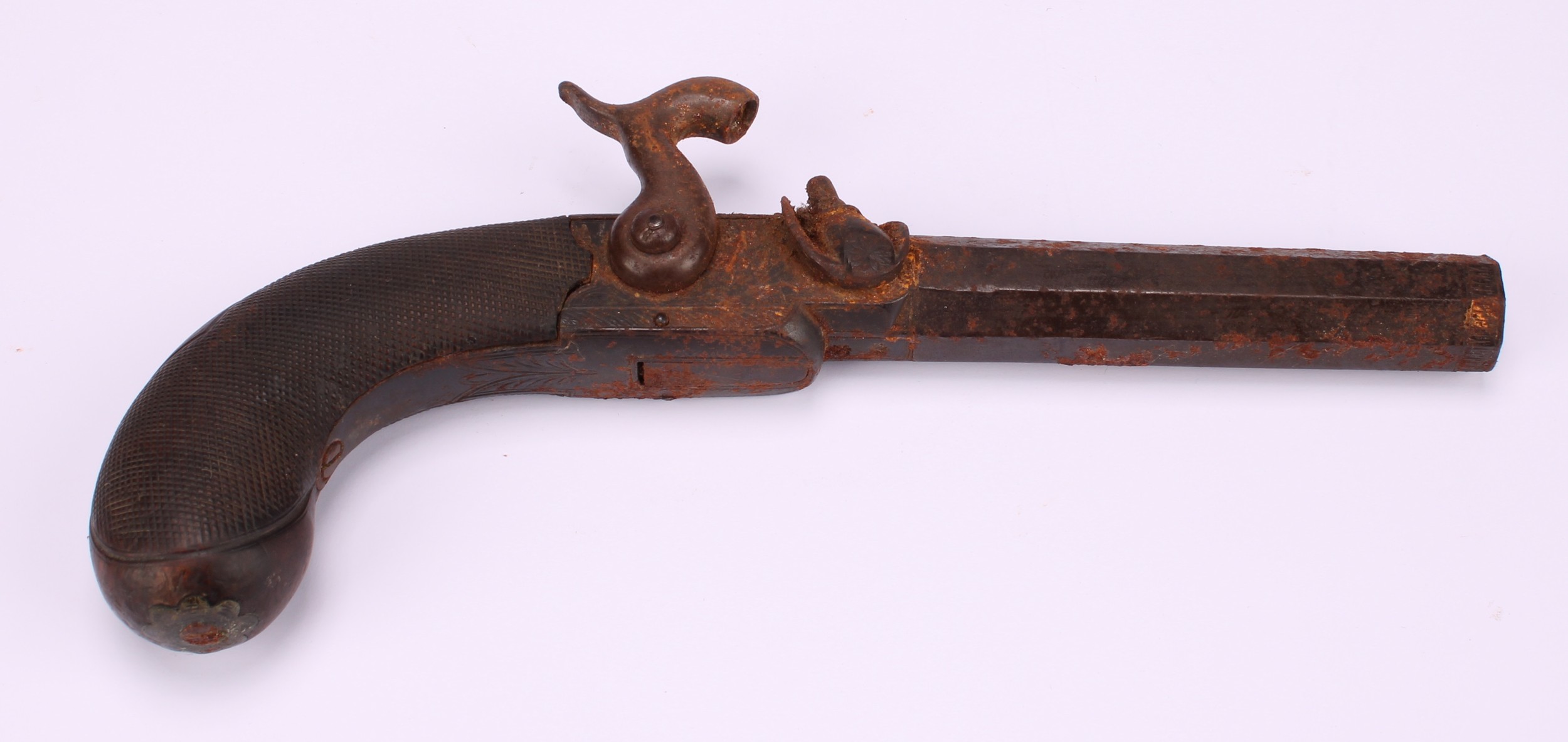 A 19th century percussion belt pistol, 13.5cm octagonal barrel, integral ramrod, chequered grip, - Image 5 of 10