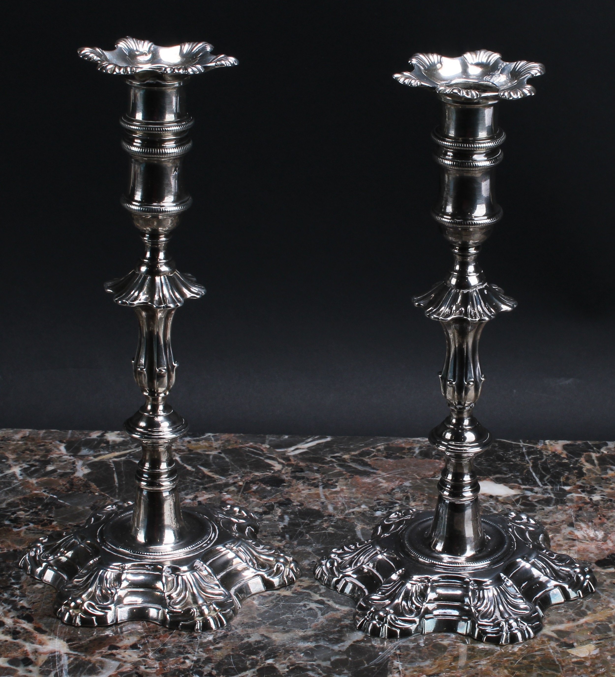 A pair of George II cast silver table candlesticks, unusually tall detachable nozzles, knopped - Image 2 of 6