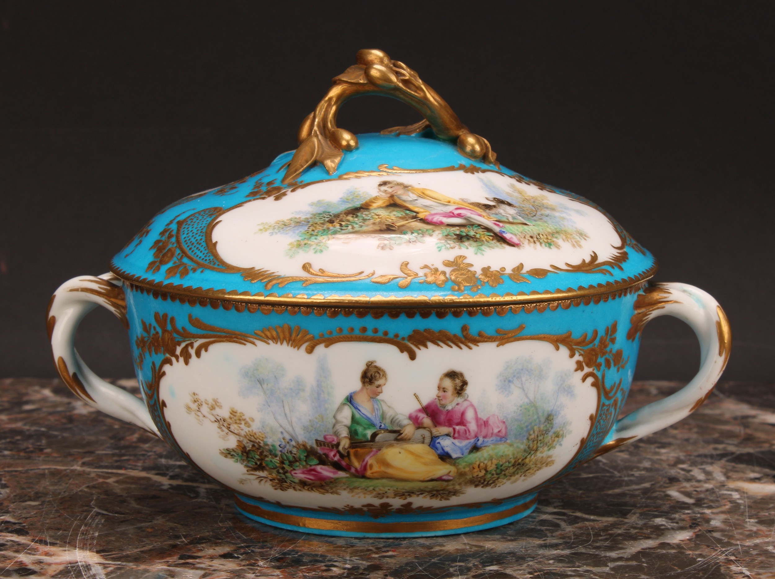A Continental porcelain eculle and cover, painted with courting couples in a pastoral idyl, within - Image 7 of 8