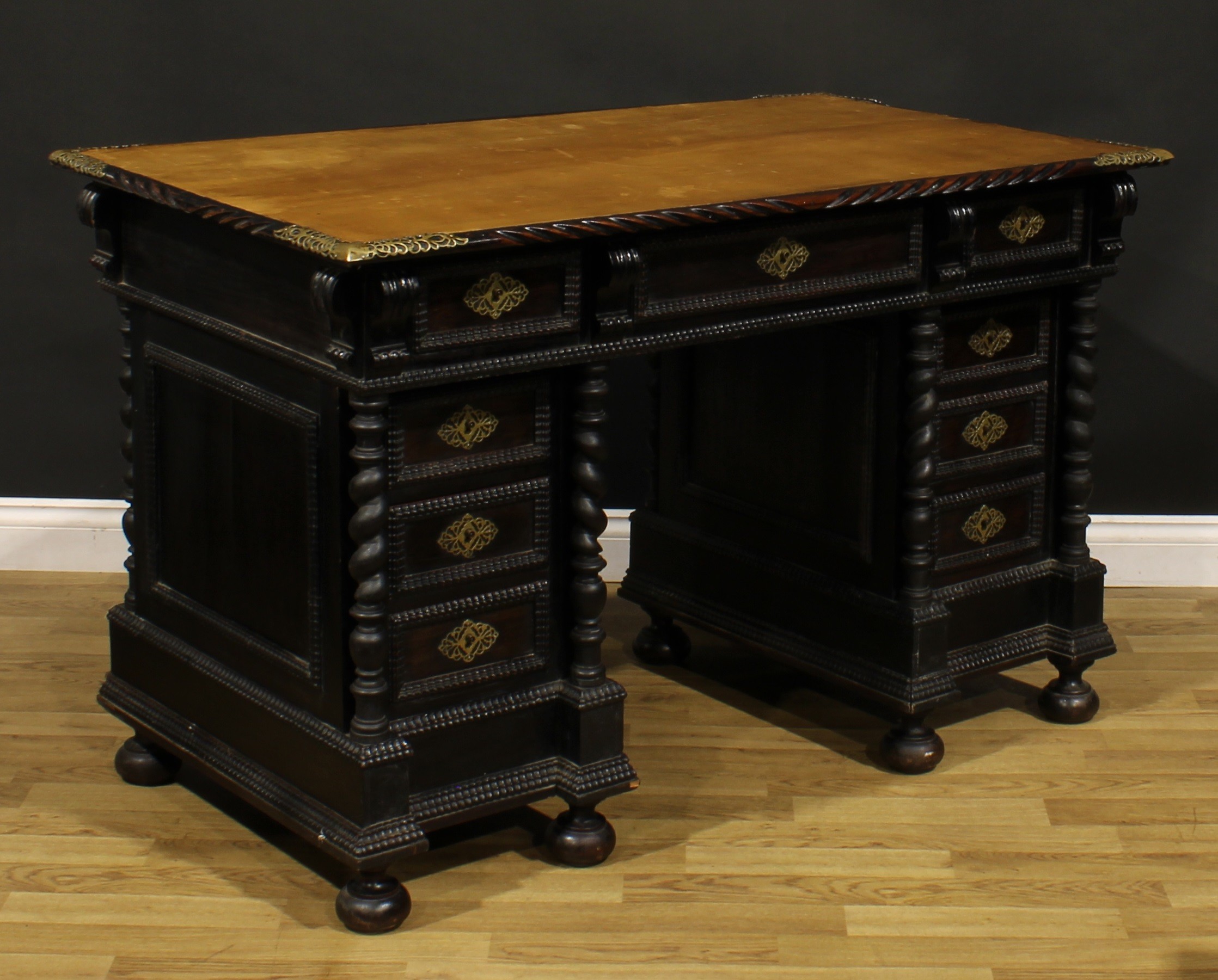 A 19th century Portuguese Baroque Revival twin pedestal desk, rectangular top with inset writing - Image 3 of 4