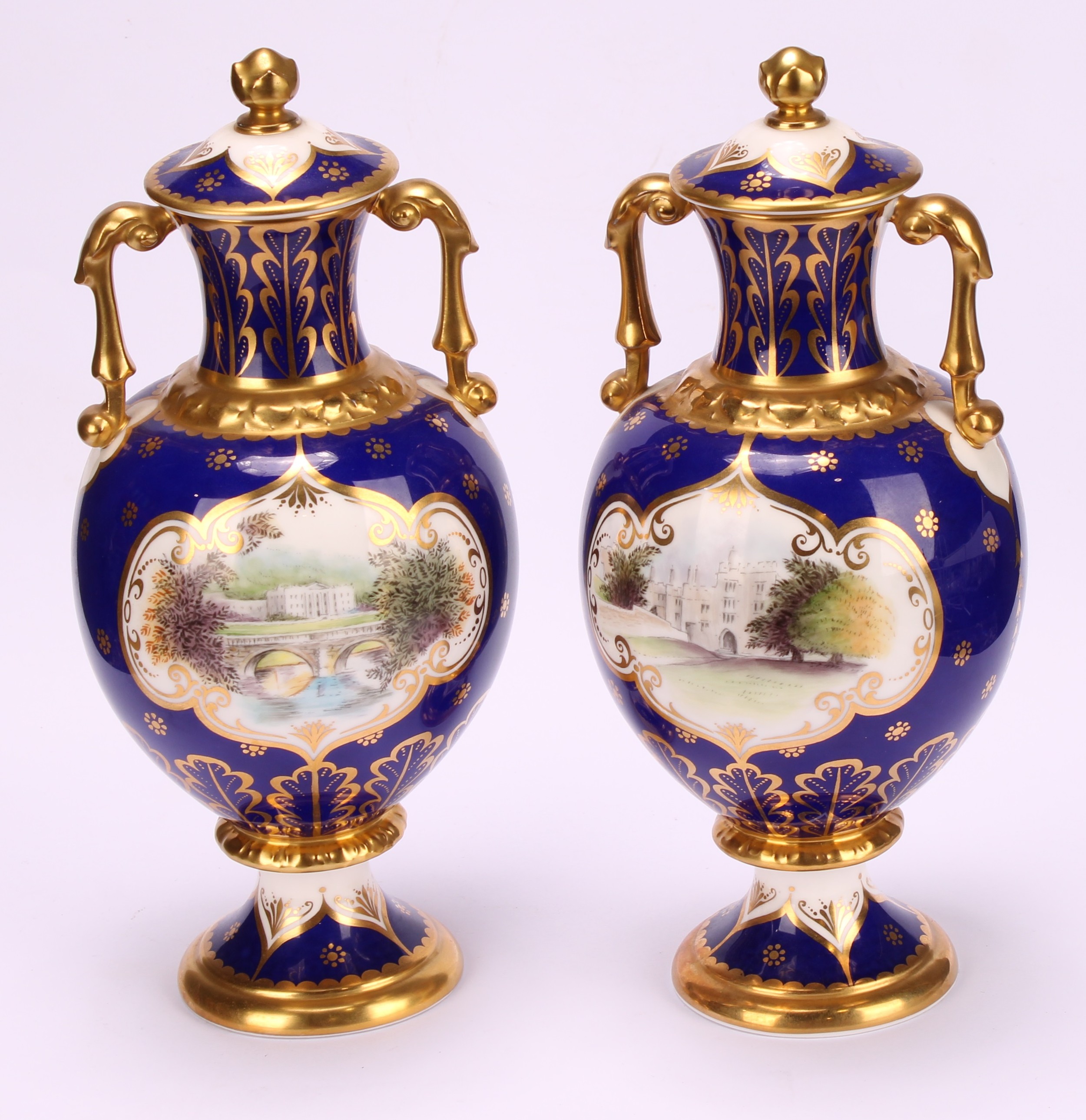 A pair of Royal Crown Derby pedestal ovoid two handled vases and covers, The Chatsworth Vase and The - Image 2 of 16