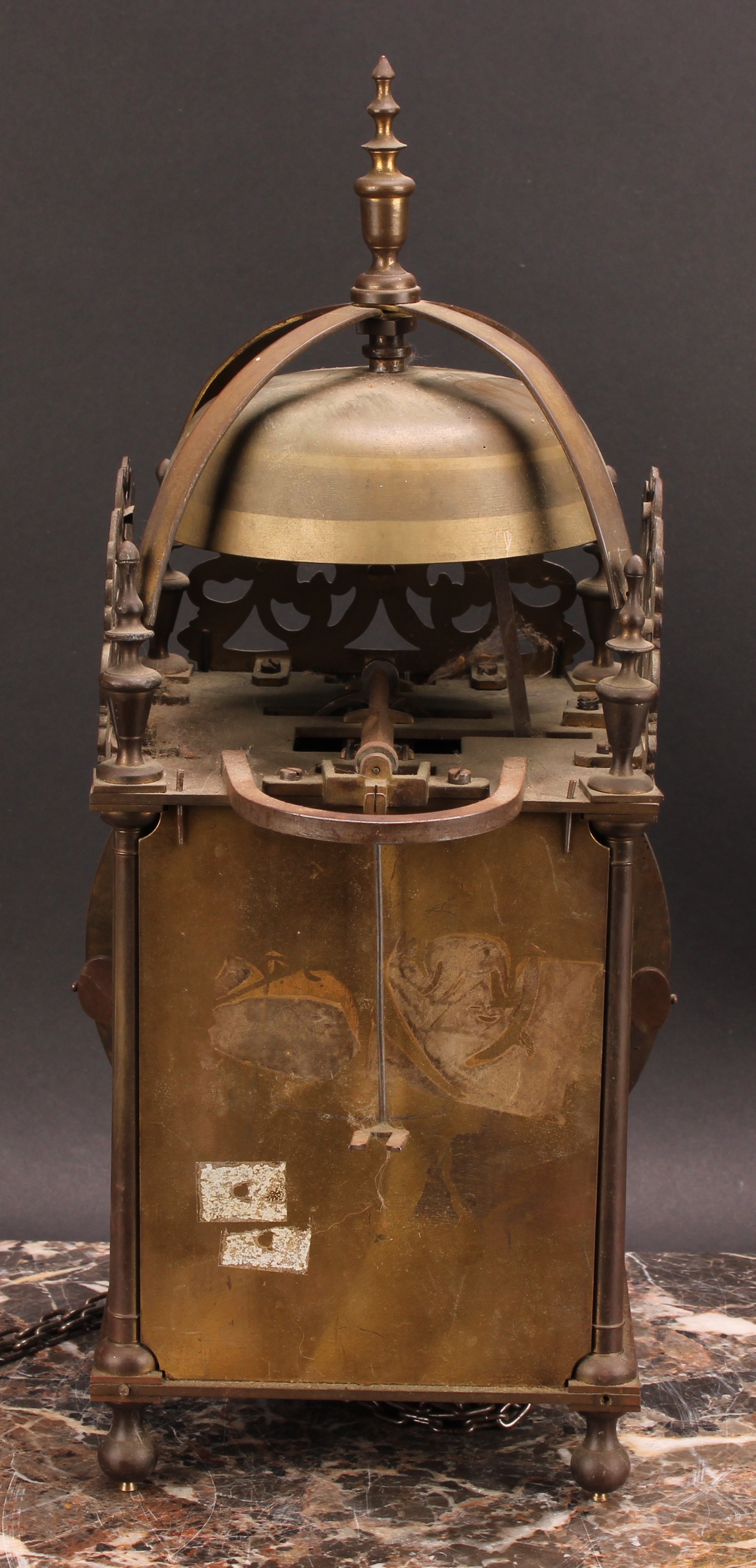 An early 18th century style brass lantern clock, 17cm dial inscribed Thomas Moore, Ipswich, Roman - Image 5 of 5
