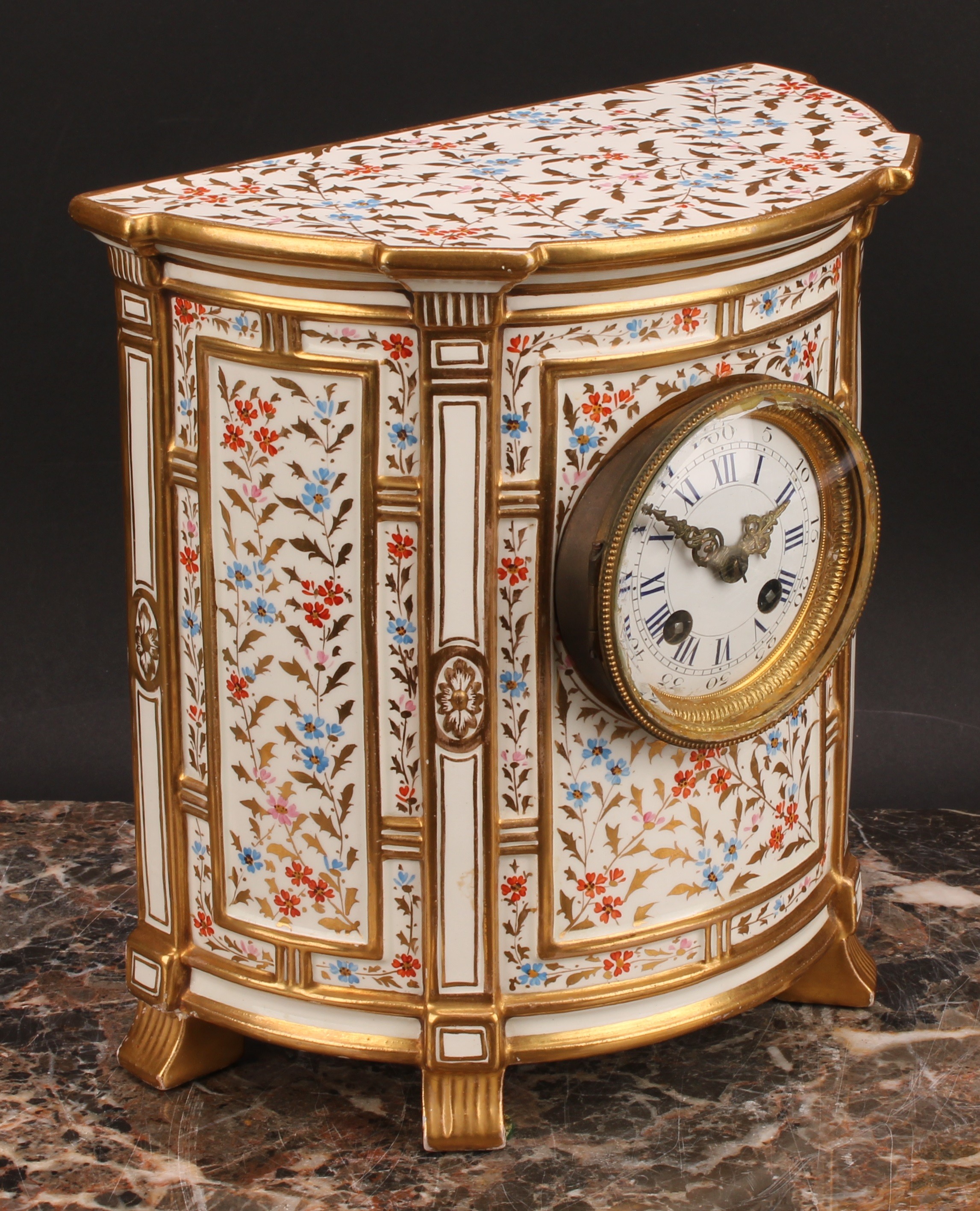 A late 19th century Wedgwood mantel clock, demi-lune porcelain case in the manner of Sheraton, - Image 3 of 4
