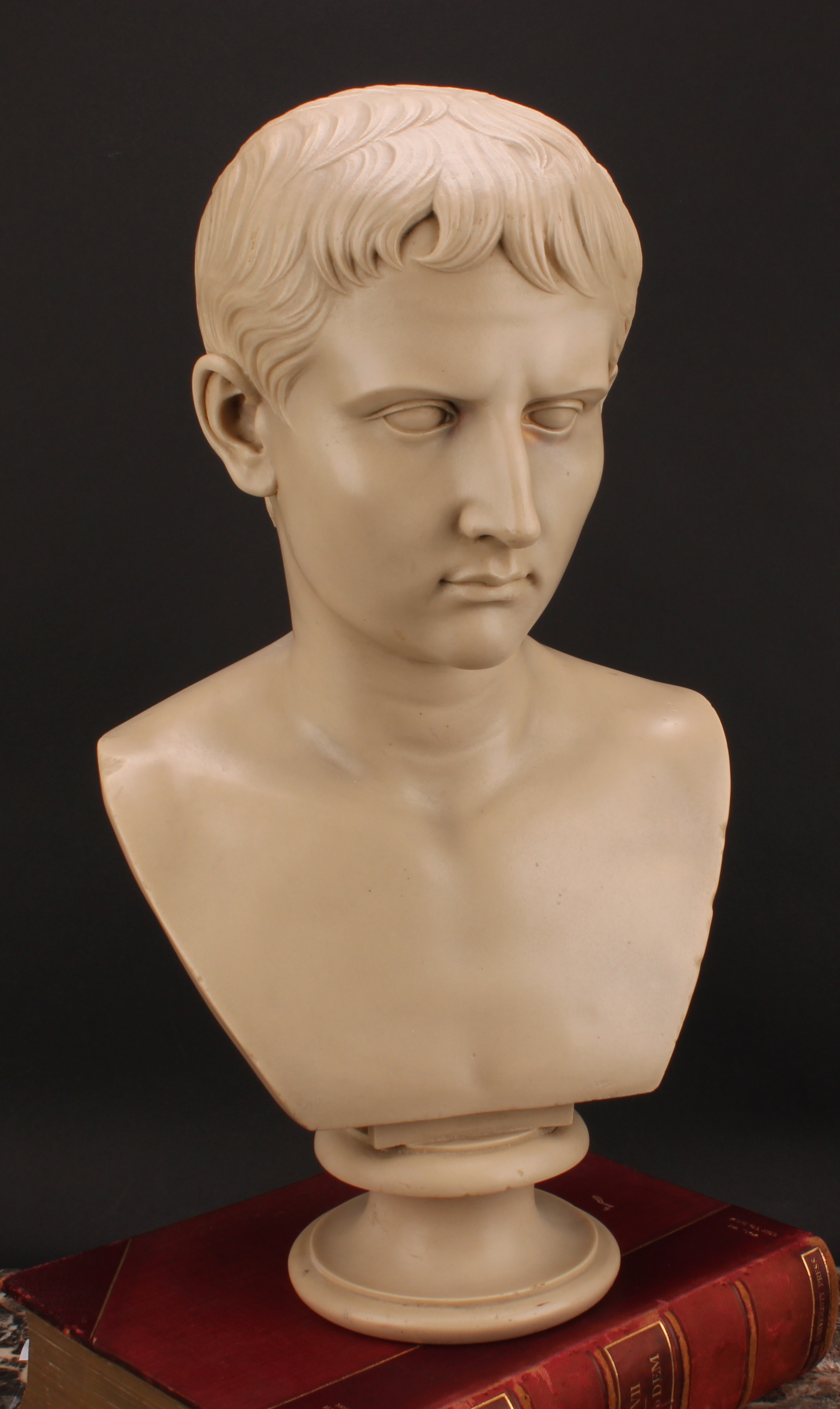 A Grand Tour style composition library bust, Gaius Julius Caesar Augustus, waisted socle, 53cm high