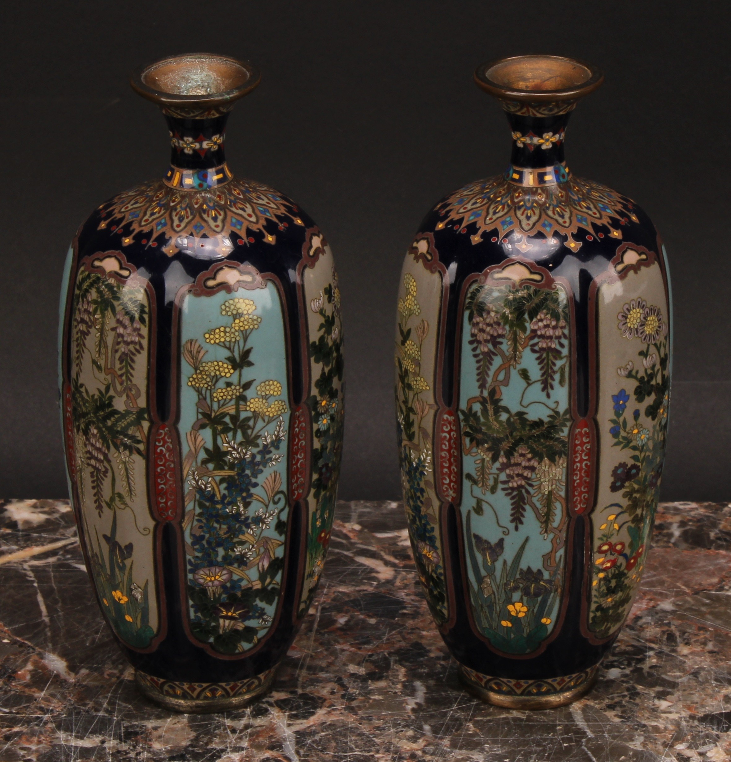 A pair of Japanese cloisonne enamel lobed ovoid vases, painted in polychrome with flowers within - Image 5 of 6