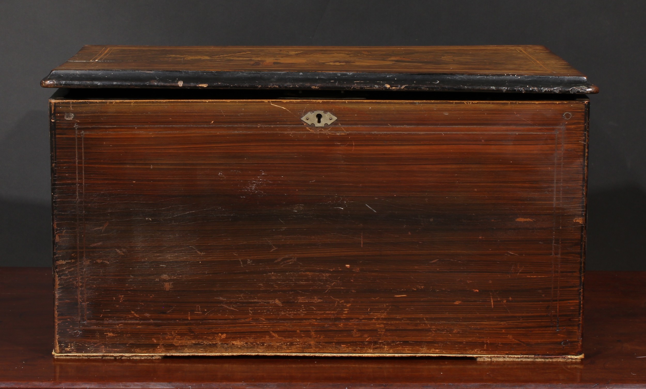 A large 19th century Swiss rosewood and marquetry rectangular bells-in-sight music box, the 23cm