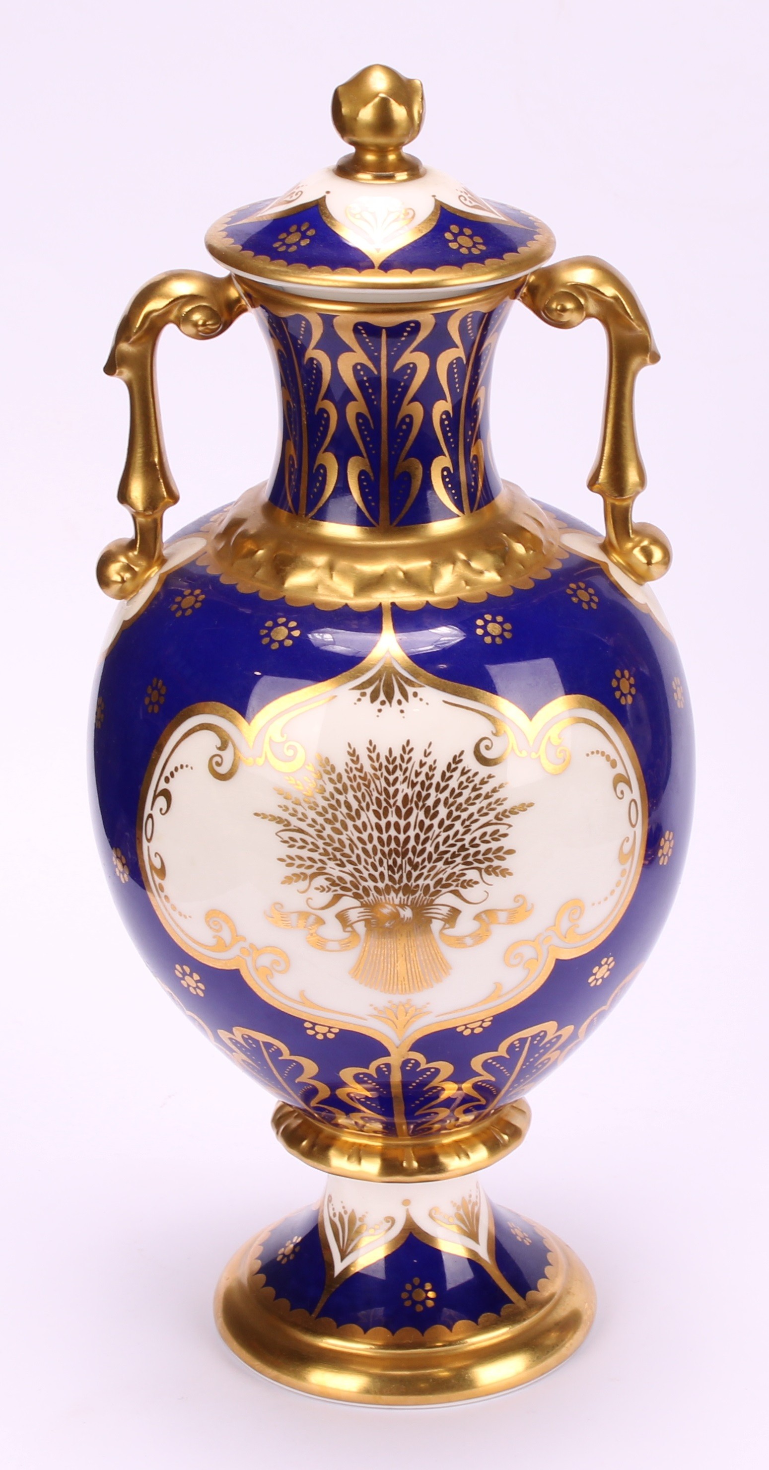 A pair of Royal Crown Derby pedestal ovoid two handled vases and covers, The Chatsworth Vase and The - Image 6 of 16