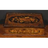 A Victorian walnut and marquetry desk box, hinged sloping cover enclosing three small drawers,