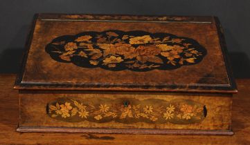 A Victorian walnut and marquetry desk box, hinged sloping cover enclosing three small drawers,