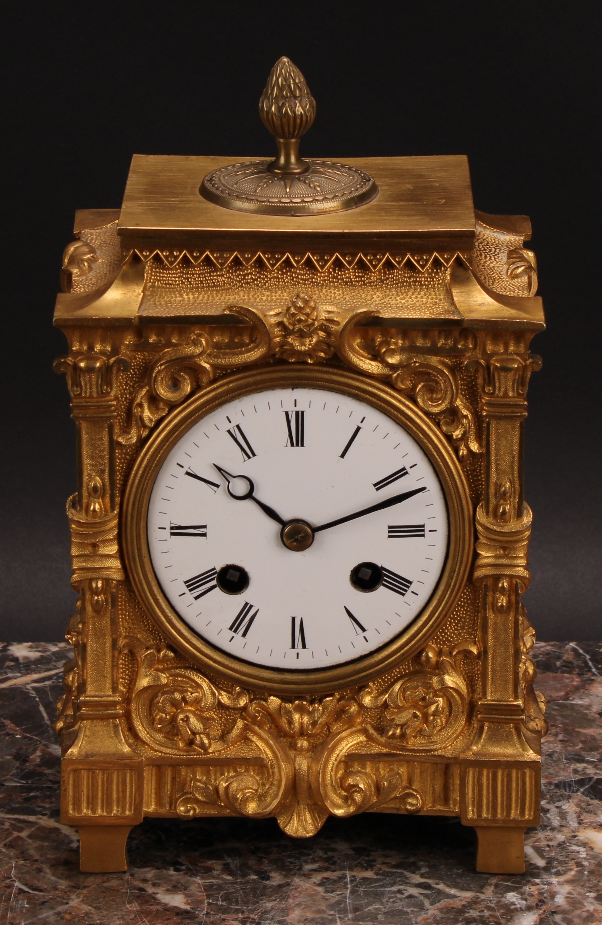 A Louis XVI Revival gilt bronze mantel clock, 8cm circular enamel dial inscribed with Roman