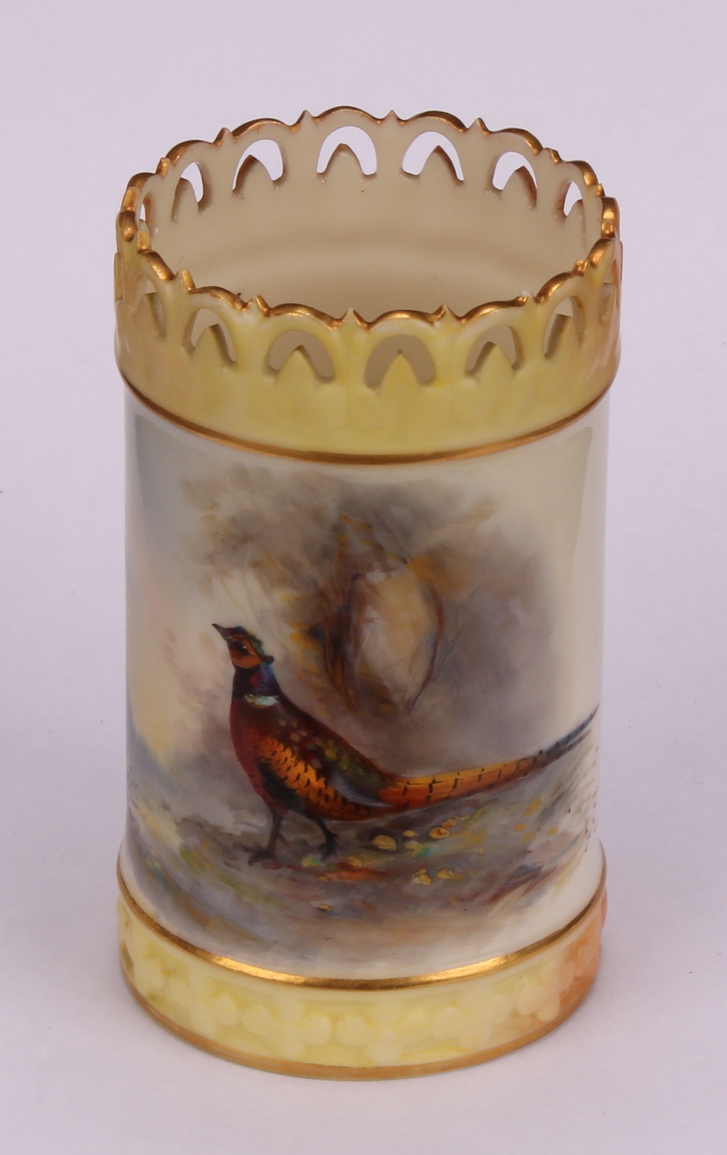 A Royal Worcester cylindrical vase, painted by Jas Stinton, signed, with pheasant in a landscape, - Image 2 of 7