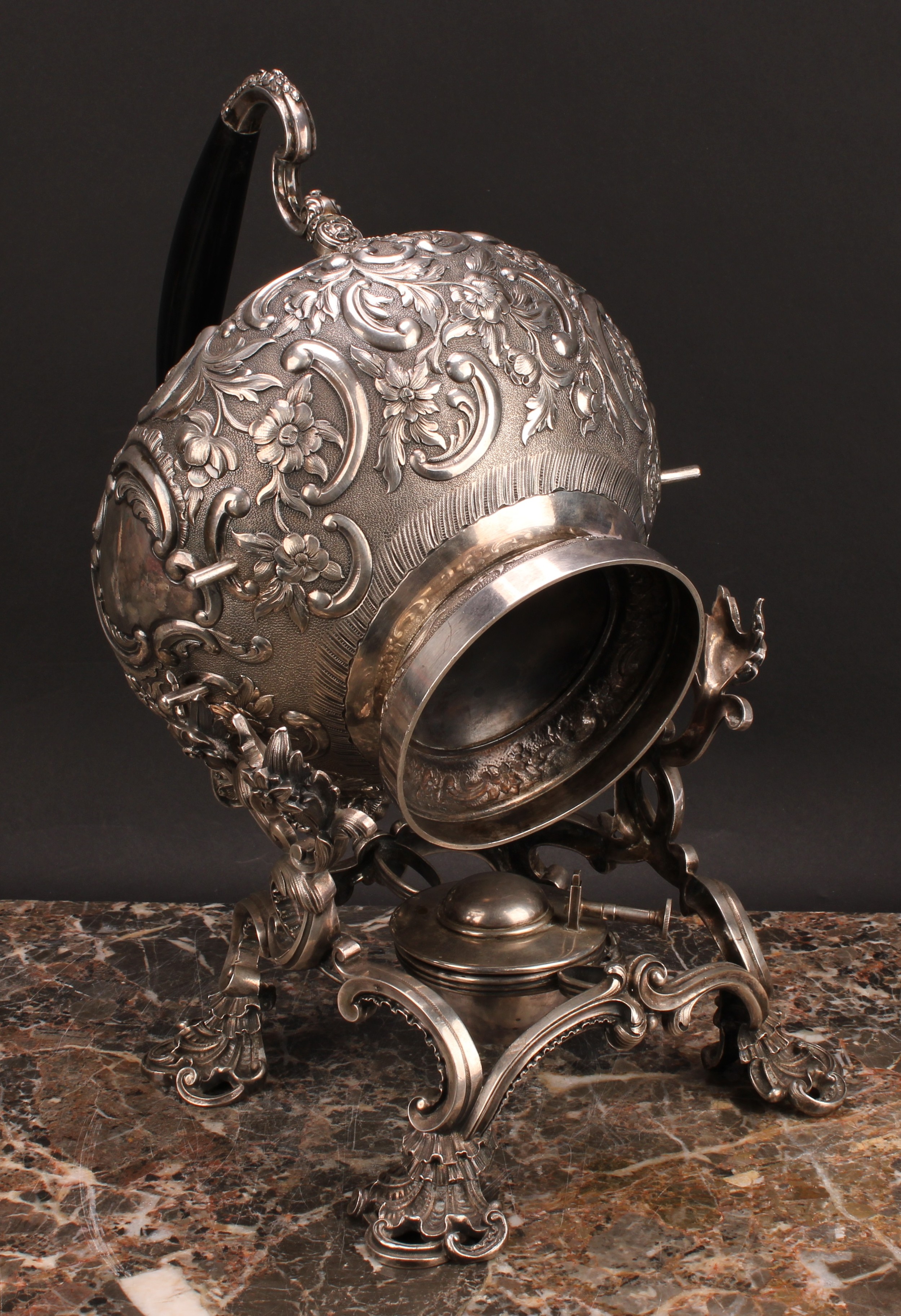 A large French Rococo Revival silver plated spirit kettle, burner and stand, profusely chased with - Image 5 of 5