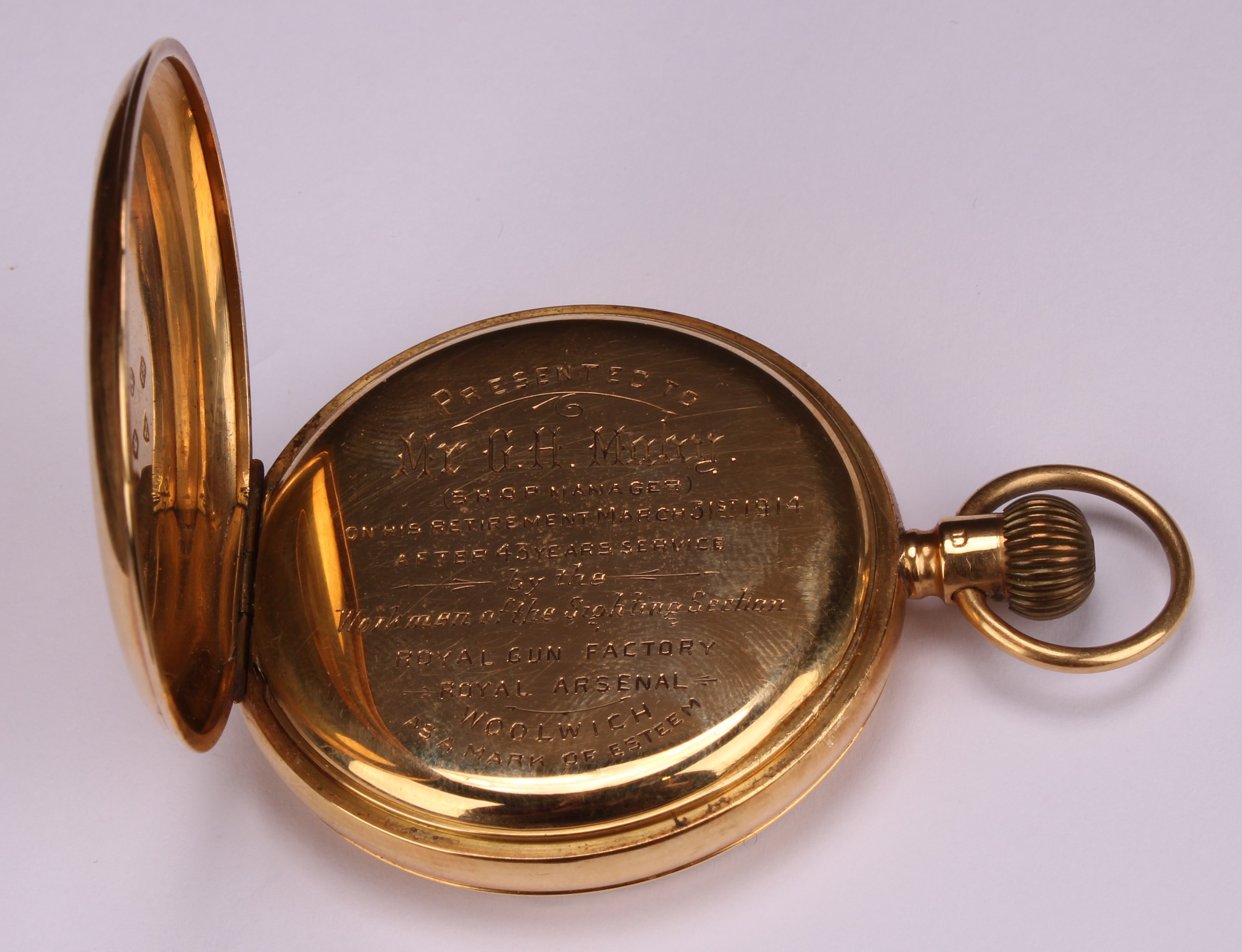 An 18ct gold open face pocket watch, white enamel dial, Roman numerals, subsidiary seconds dial with - Image 4 of 6