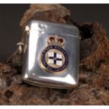 An Edwardian silver and enamel rounded rectangular vesta case, applied with the insignia of The