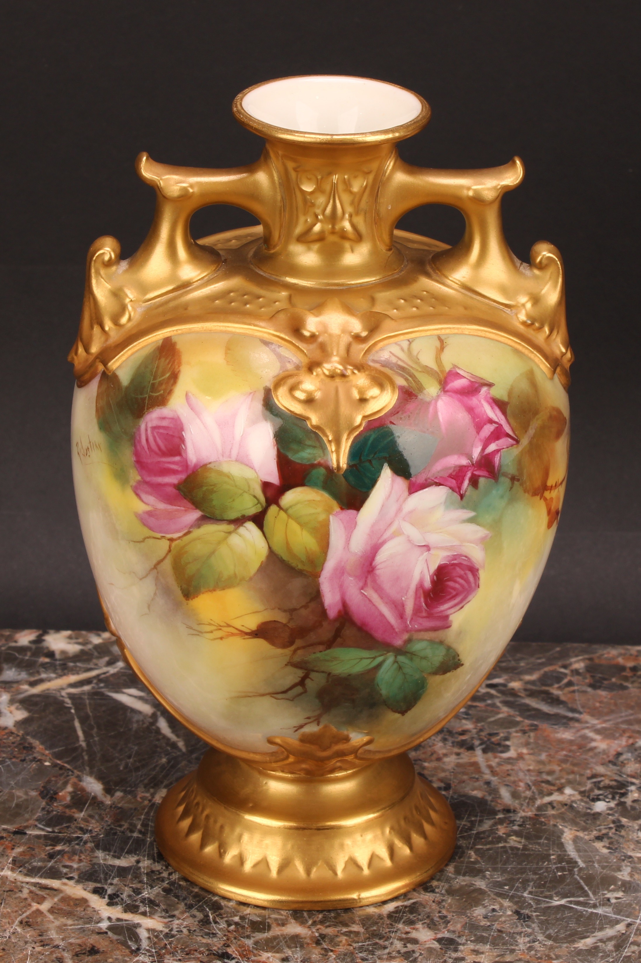 A Royal Worcester ovoid vase, painted by R Austin, signed, with roses on a blush ivory ground, - Image 2 of 7