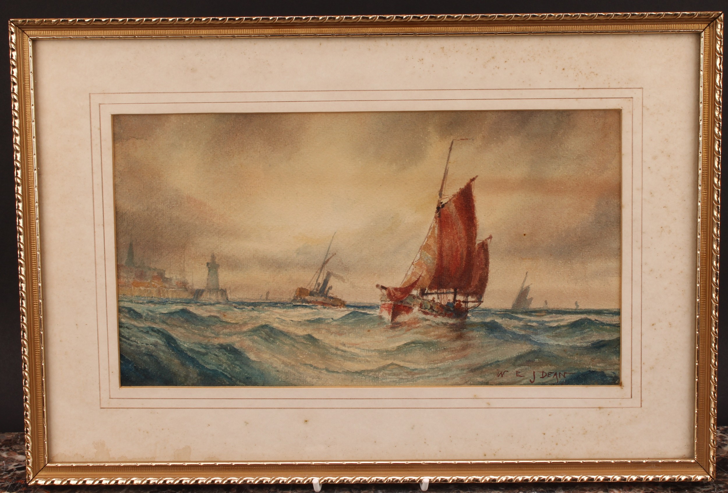 William Edward James Dean (1884-1956) Ships off the Coast, signed, watercolour, 17cm x 31cm - Image 3 of 5