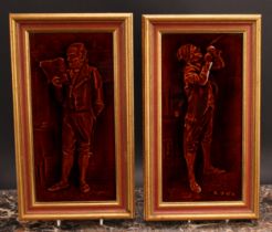 A pair of late Victorian emaux ombrant tiles, by Sherwin & Cotton, framed, 35.5cm x 20.5cm
