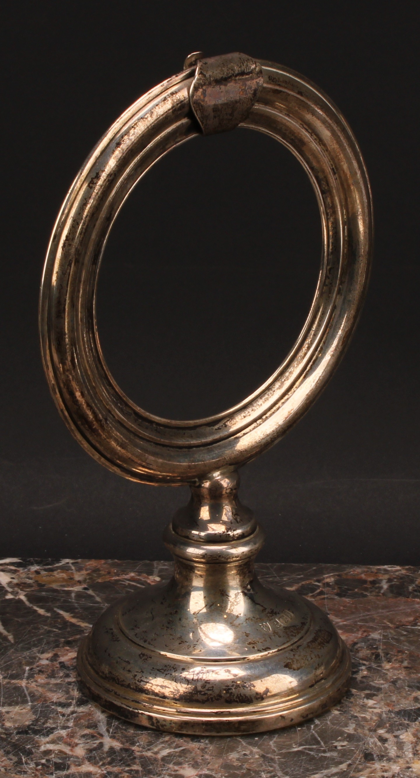 An Elizabeth II silver pocket watch stand, circular banner, domed foot, loaded base, 21.5cm high, - Image 3 of 4