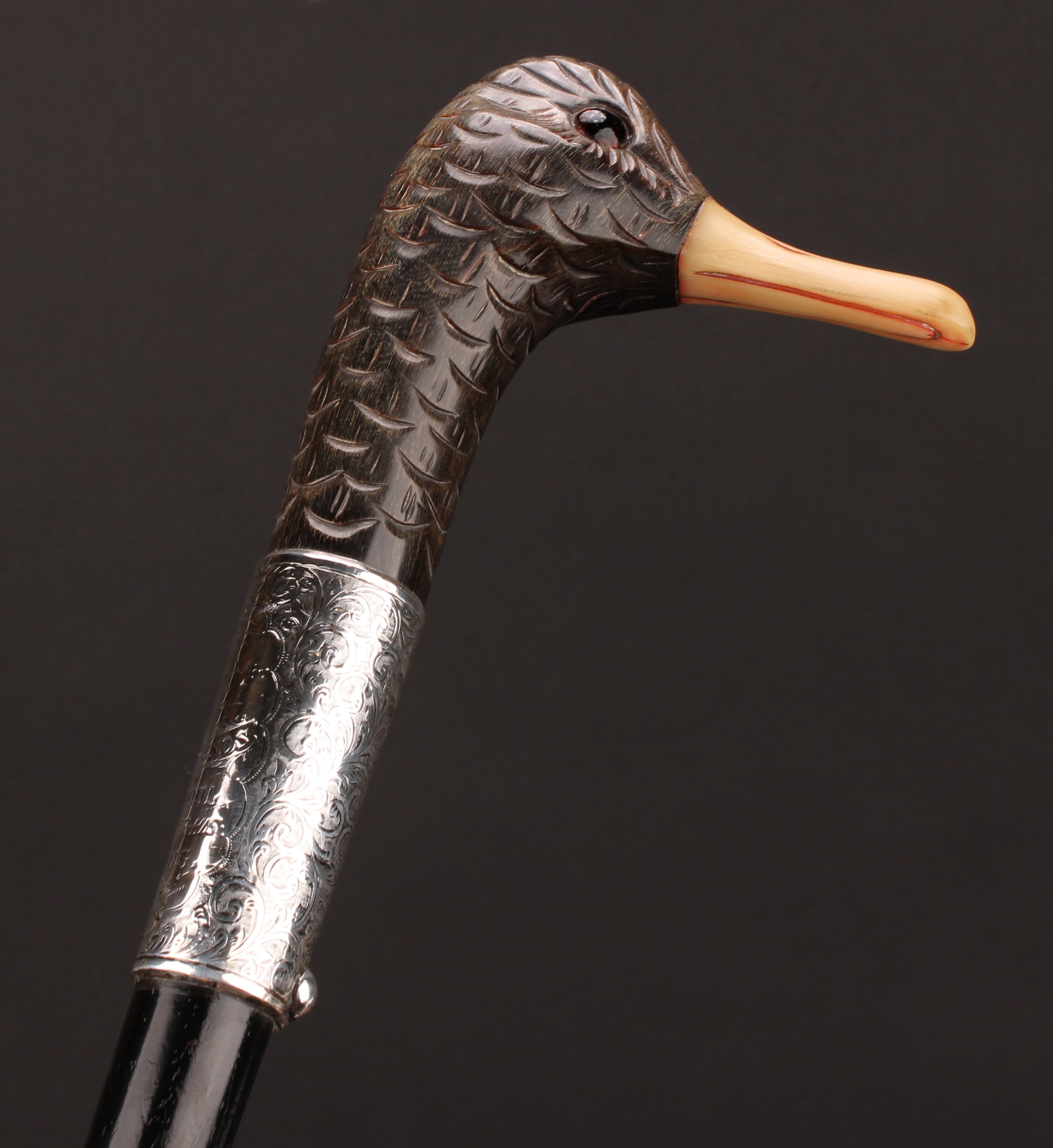 A Victorian silver mounted novelty walking stick, the horn handle carved and stained as the head - Image 3 of 5