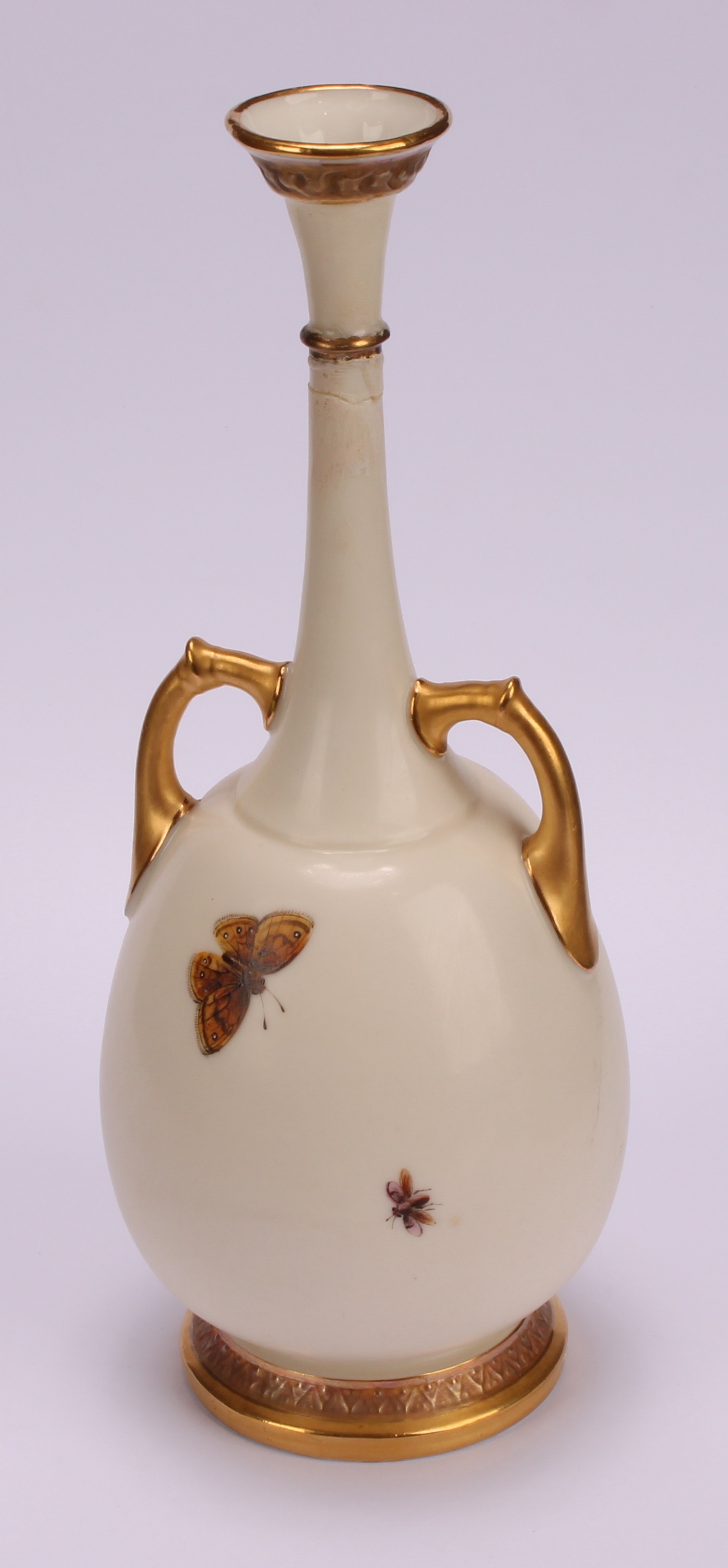 A pair of Royal Worcester two handled bottle vases, decorated in the Aesthetic manner with - Image 9 of 10