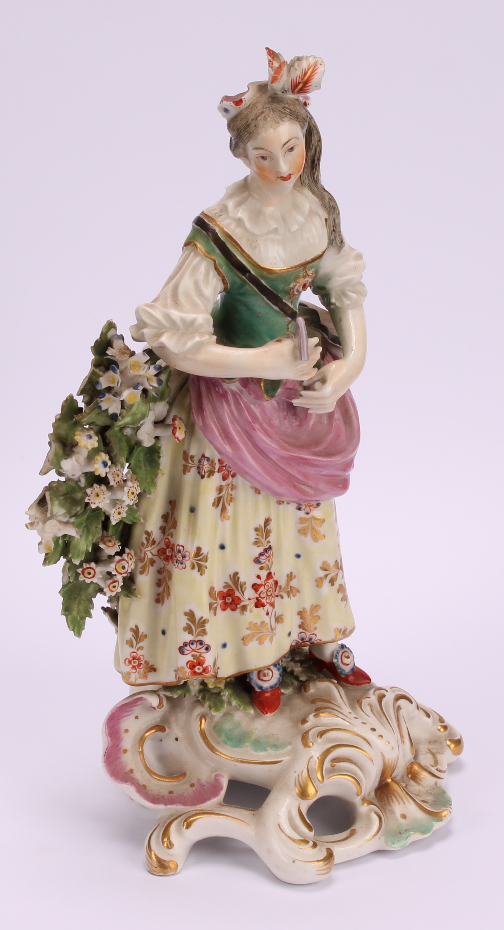 A Derby pair of patch mark figures, of Musicians, she stands playing the triangle, wearing - Image 8 of 10