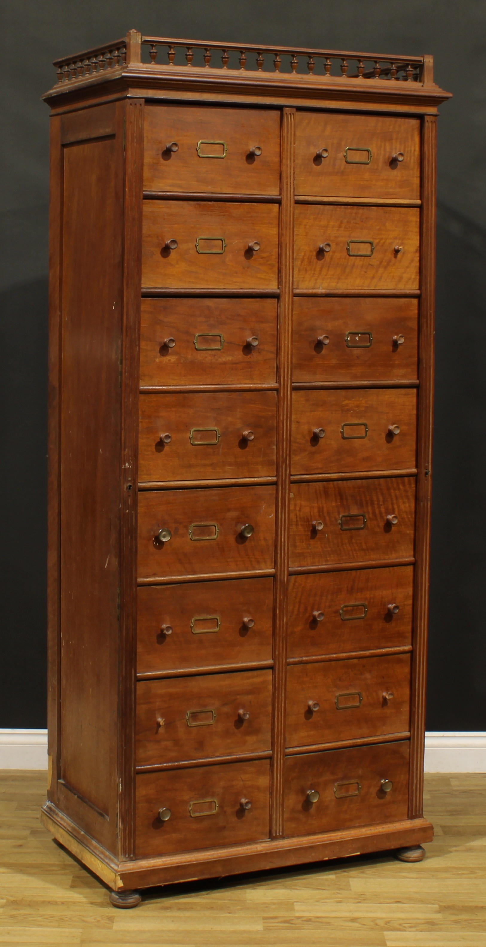 A late 19th century French walnut cartonnier, moulded cornice with balustrade gallery above - Image 2 of 3