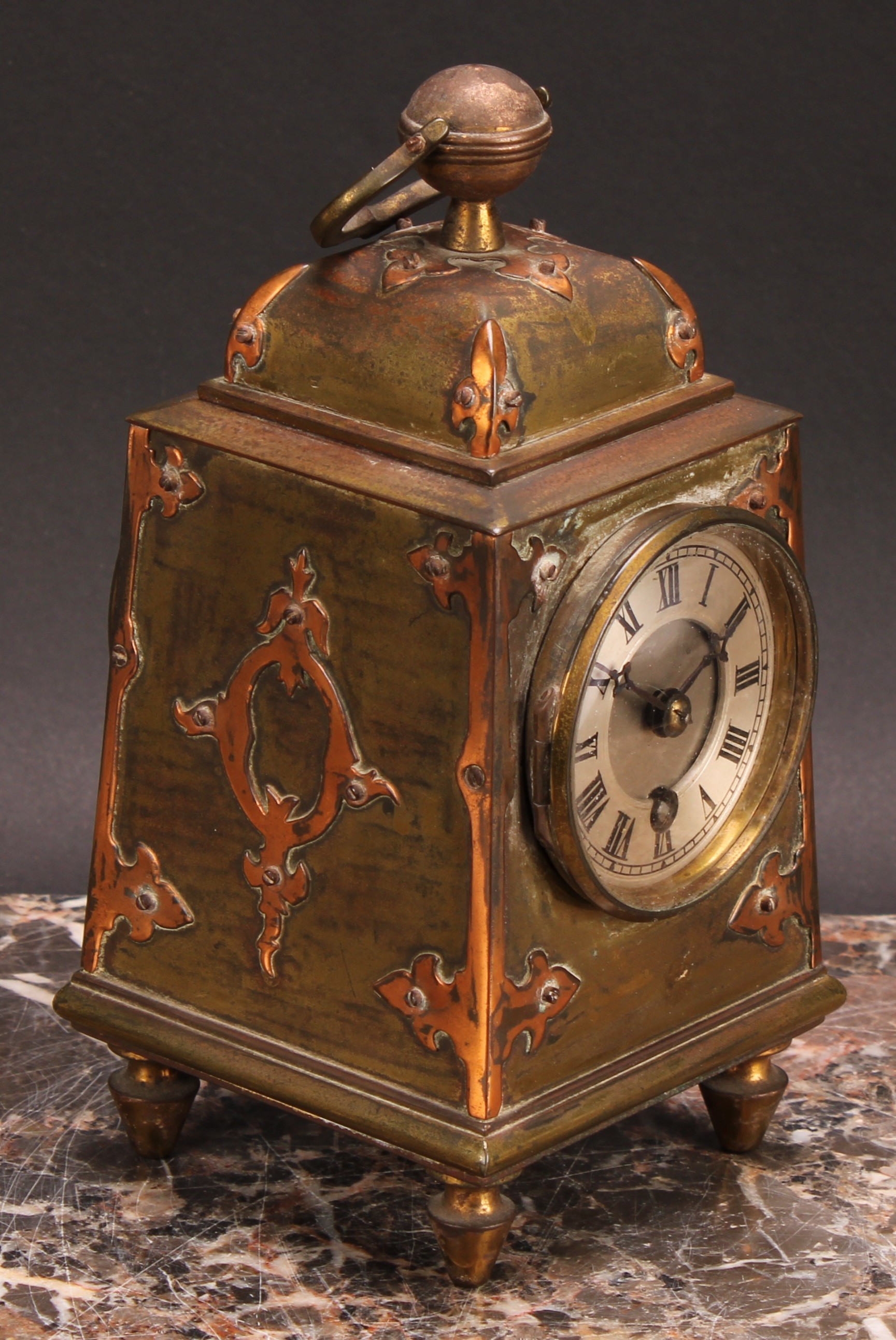 An early 20th century brass pylon shaped mantel timepiece, 5.5cm silvered dial inscribed with - Image 2 of 4