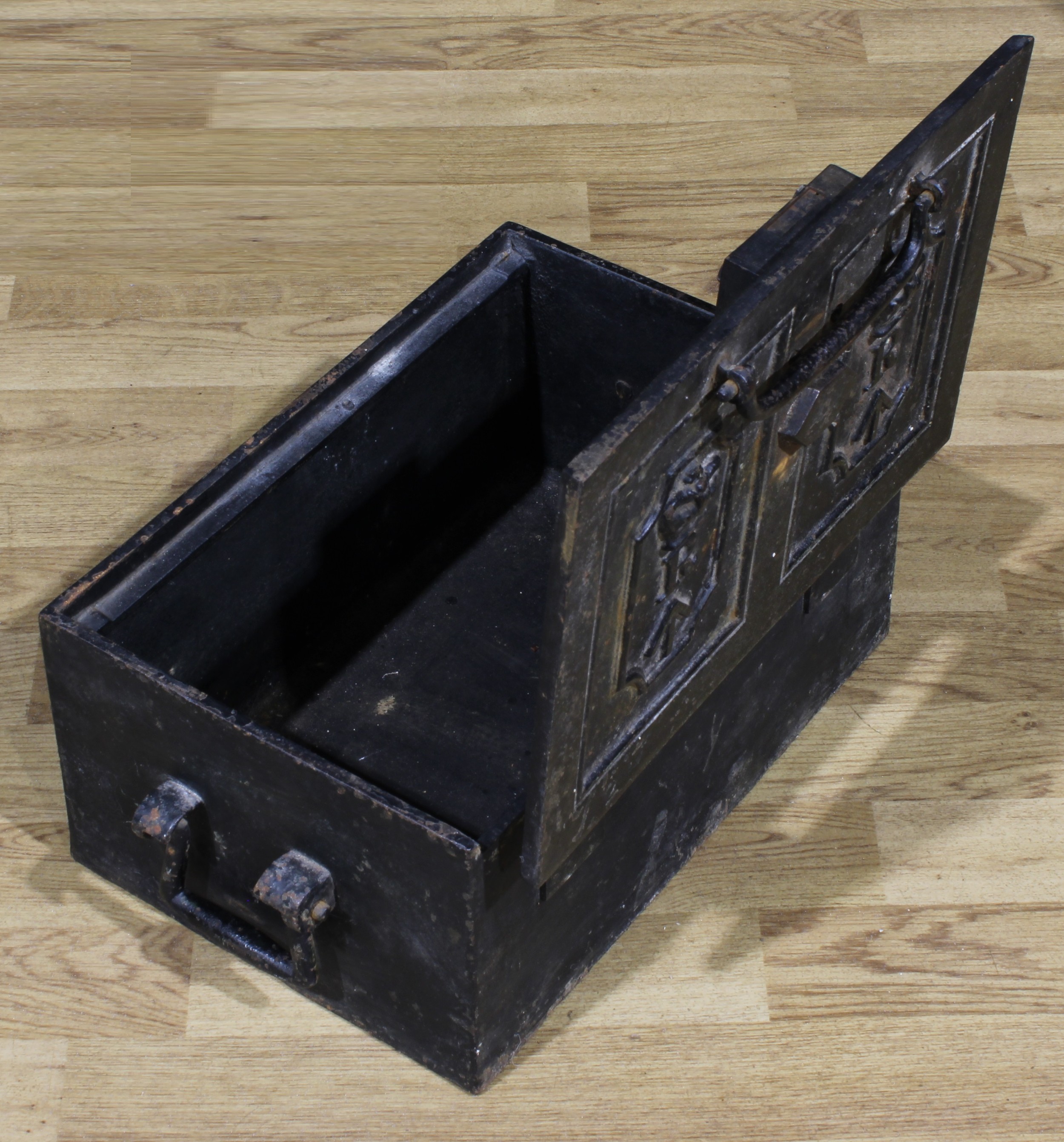 A 19th century cast iron military strongbox or safe, hinged cover cast with crowned R’s and broad - Image 2 of 2